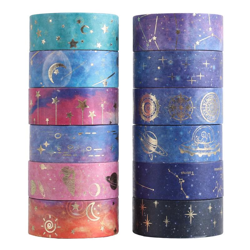 Starry Sky Themed Washi Tape Set for Gift, 12 Rolls/box Handbook DIY Decoration Aesthetic Sticker, Scrapbooking & Journal Making Material Gift for Student