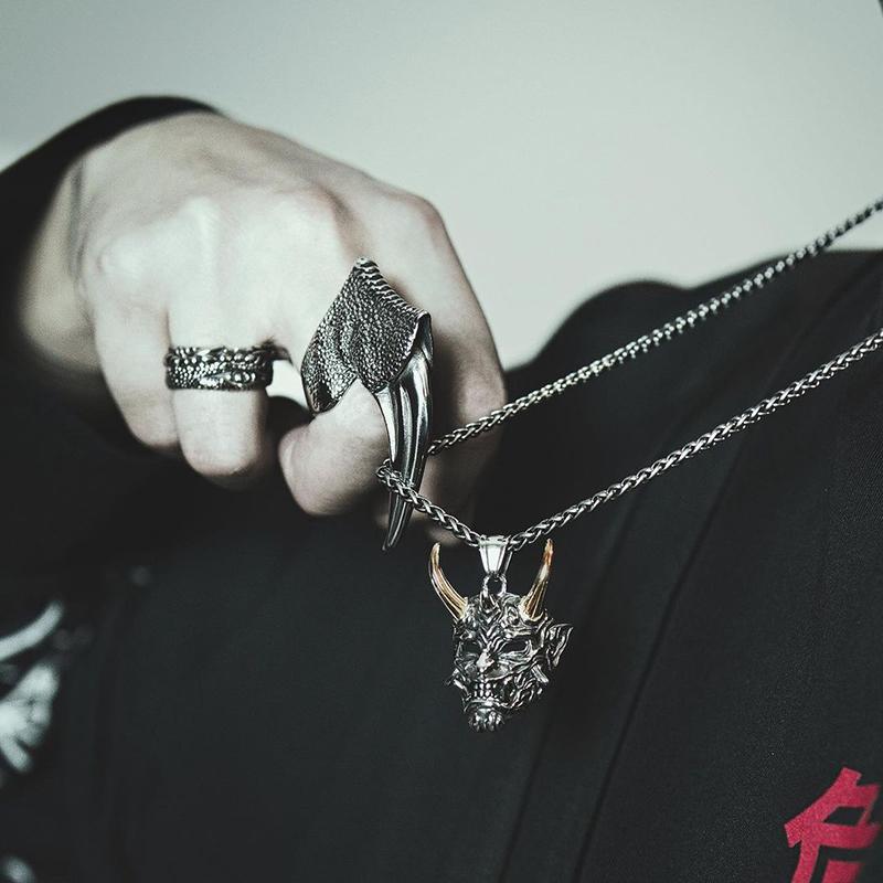 GTHIC Stainless Steel Japanese Yokai Oni Gothic Skull Pendant Necklace for Men Women Jewelry Gift