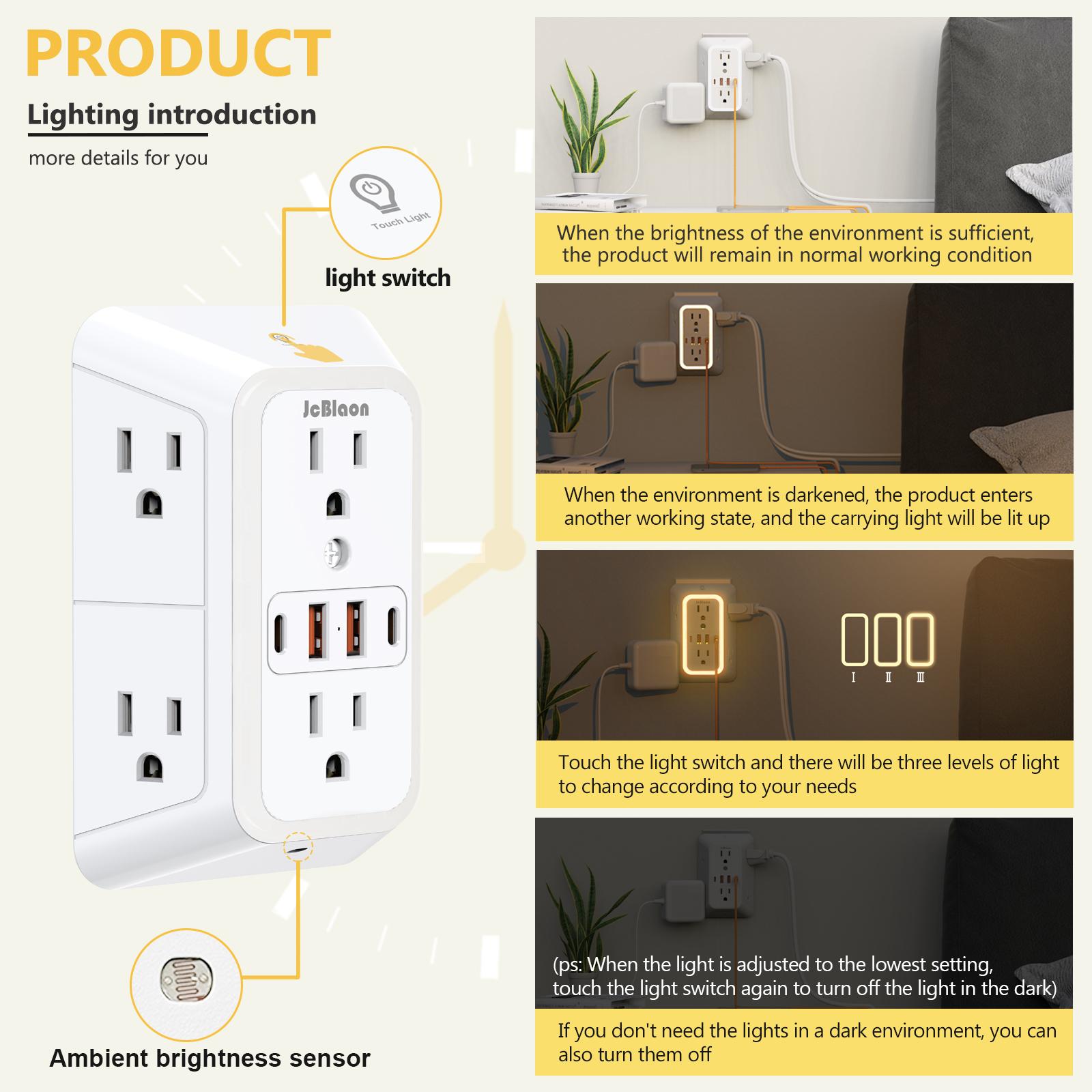 2 Pack Wall Outlet Extender with Night Light, 6 AC Outlets 4 USB Charging Ports , 1050J Surge Protector Power Strip, Multi Plug Outlet Adapter for Home, Travel, Office（Black and White）