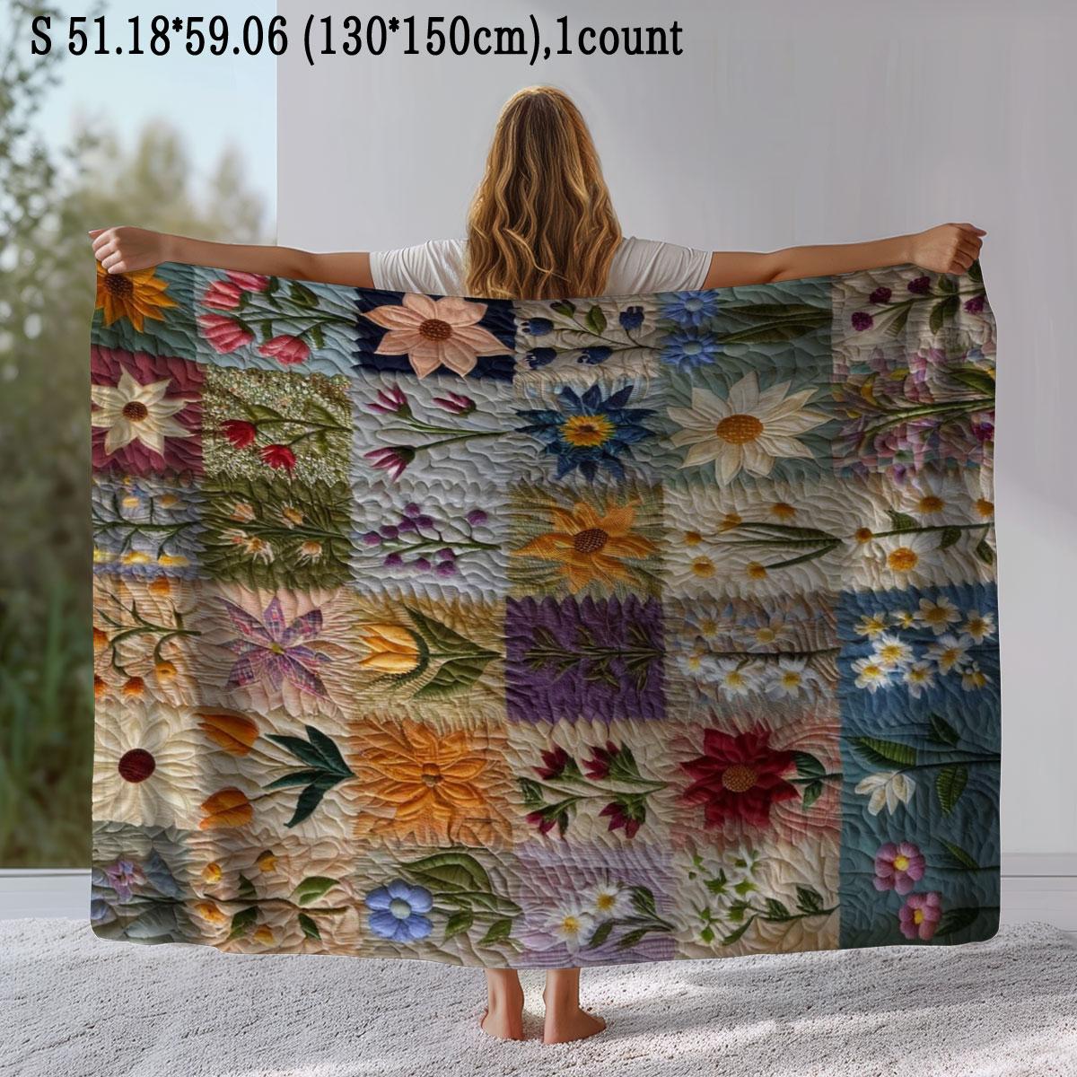 Floral Pattern Patchwork Quilted Throw Blanket, Soft Comfortable Warm Napping Blanket, Cool Bedroom Bedding Blankets for Home Office Travel Dormitory, Soft Comfy Blanket