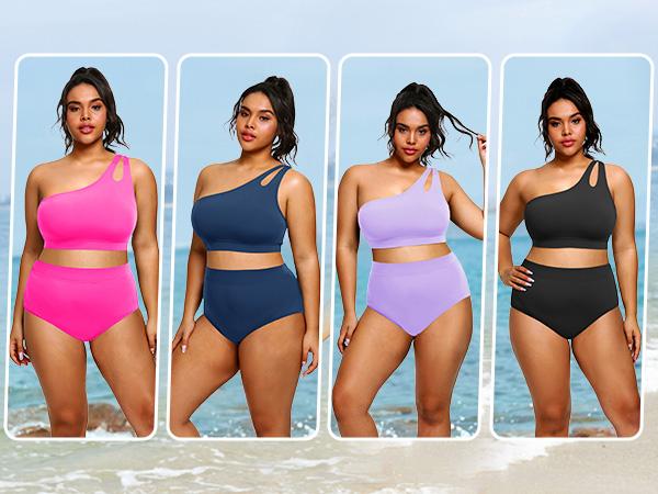 Tempt Me Womens Plus Size High Waisted Bikini Two Piece One Shoulder Swimsuit Keyhole Bathing Suits  SwimWeek  summervibes