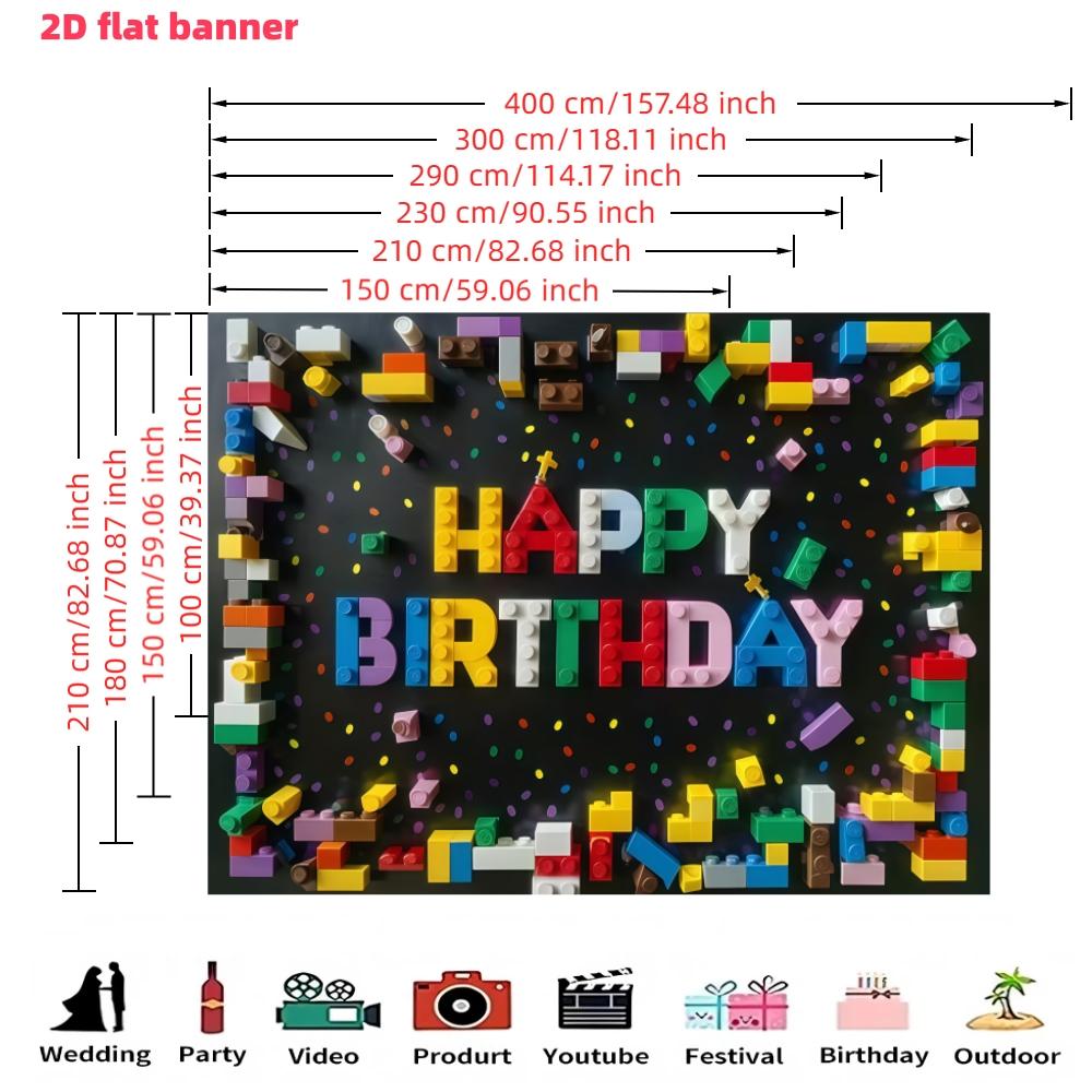 Colorful Building Blocks Birthday Banner -2D Flat Polyester Party Background Decoration with Balloon and Snowflake Design, Suitable for Living Room, Bedroom, Office, Birthday, Anniversary and Home Decoration, Outdoor and Indoor Parties