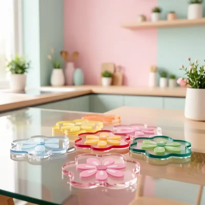 6 Piece Set Colorful Floral Pattern Acrylic Cup Mats, Home Decor, Party Table Setting, Hand Washable, Glossy Finish Surface Protectors