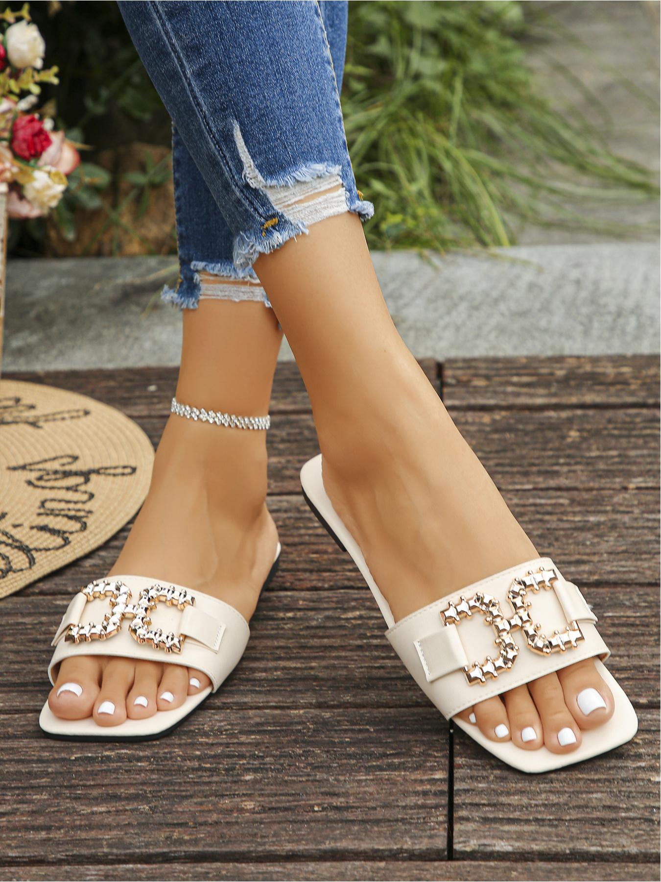 2026 Summer New Retro Metal Buckle Square - toe Flat Sandals, Multi - color Open - toe Soft - sole Women's Slides, Versatile for Daily Commute/Dating/Vacation & Stylish Texture