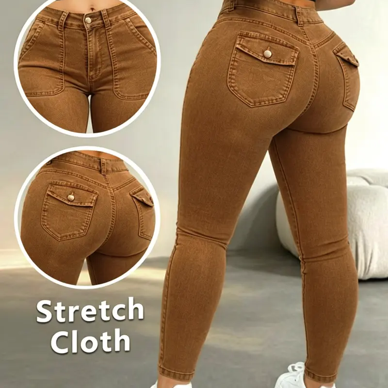 Elastic Waist High-Rise Denim Long Pants, Pocket Design, Slim-Fit Ankle-Length Jeans, Casual Style, Perfect for Daily Wear