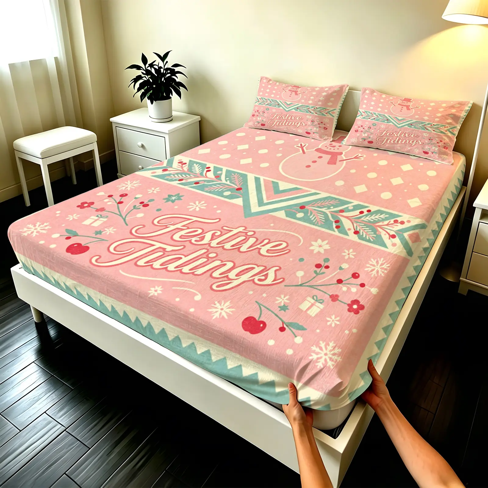 3pcs Fitted sheet Pink Christmas Festive Tidings Snowman Pattern Polyester Bedding Set, Soft Microfiber Wrinkle Resistant Fade Proof Breathable Fitted Sheet with 2 Pillowcases, Fits Twin Full Queen King Size for Bedroom Home Holiday Decor