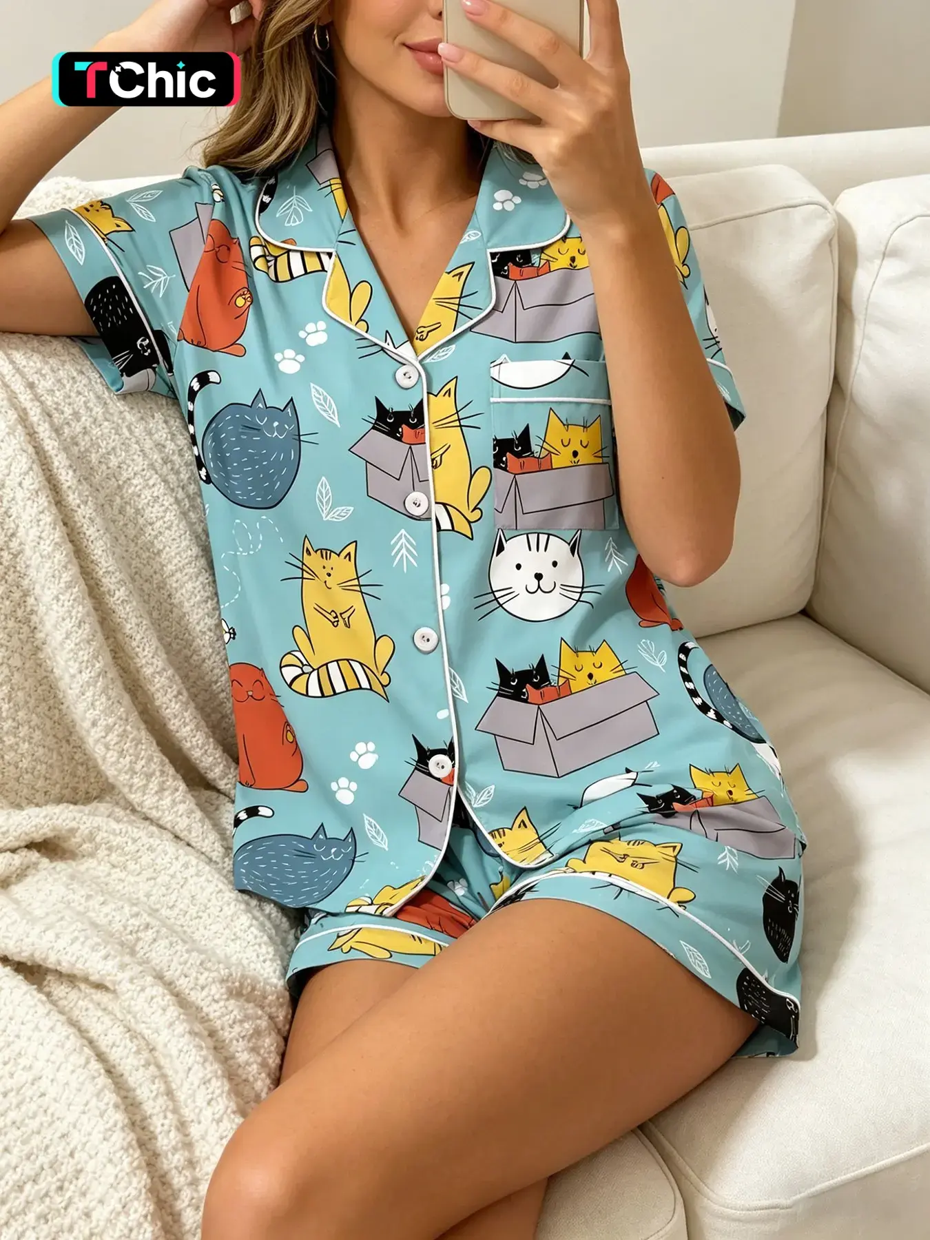 Women's Short Sleeve Button Down Top & Shorts Pajama Set, Casual Sleepwear Set, Spring Summer Wear, For Retro Girls, Light Blue Vintage Cartoon Cat Print, Classic Lapel Collar, Loose Straight Fit, Comfortable For Home & Outings, Pajama Clothes