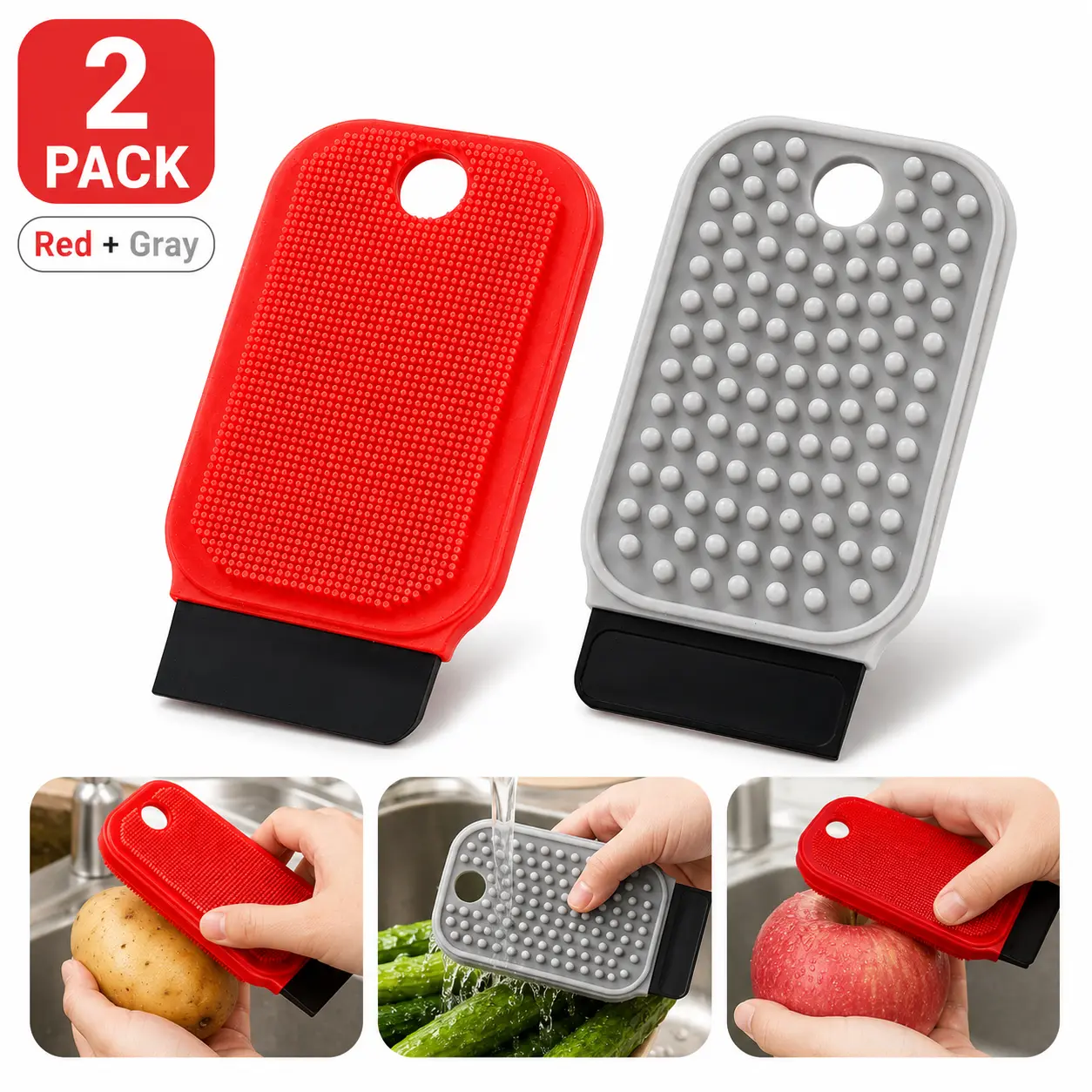 2-Pack Handheld Vegetable Cleaning Brush Utensils Set, Double-Sided Produce Scrubber with Silicone Bristles and Peeler Tip, Comfortable Kitchen Tool for Potatoes, Carrots