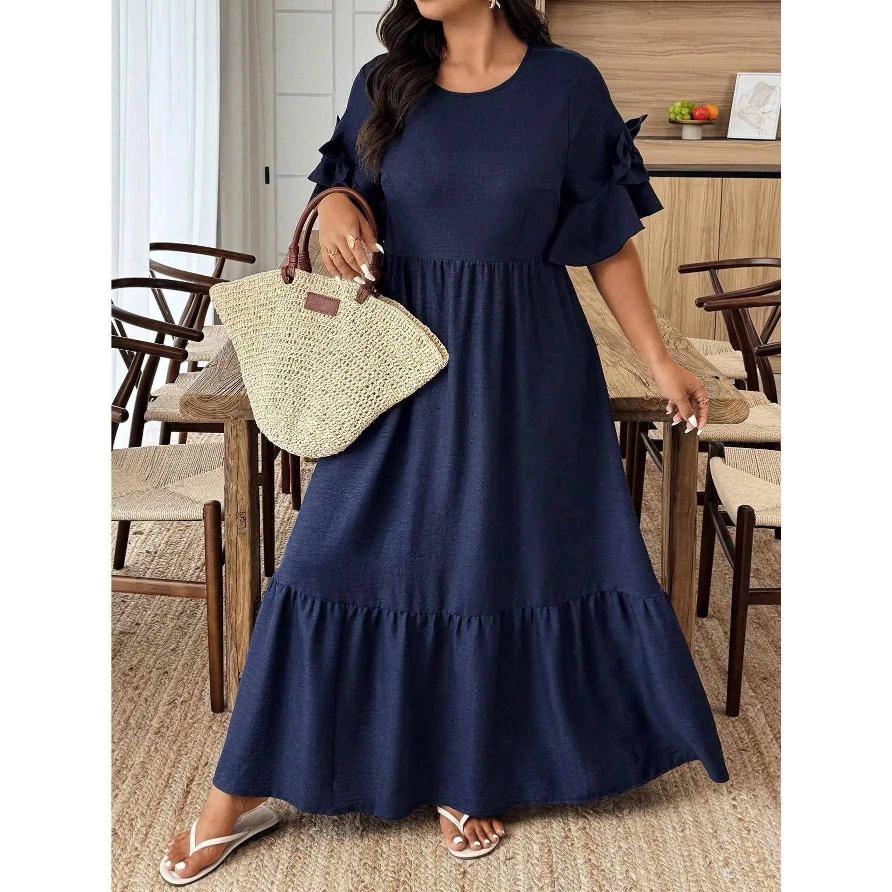 Plus Size Women Plain Simple Short Sleeve Dress, Ruffle A Line Dresses, Vacation Outfits, Solid Color