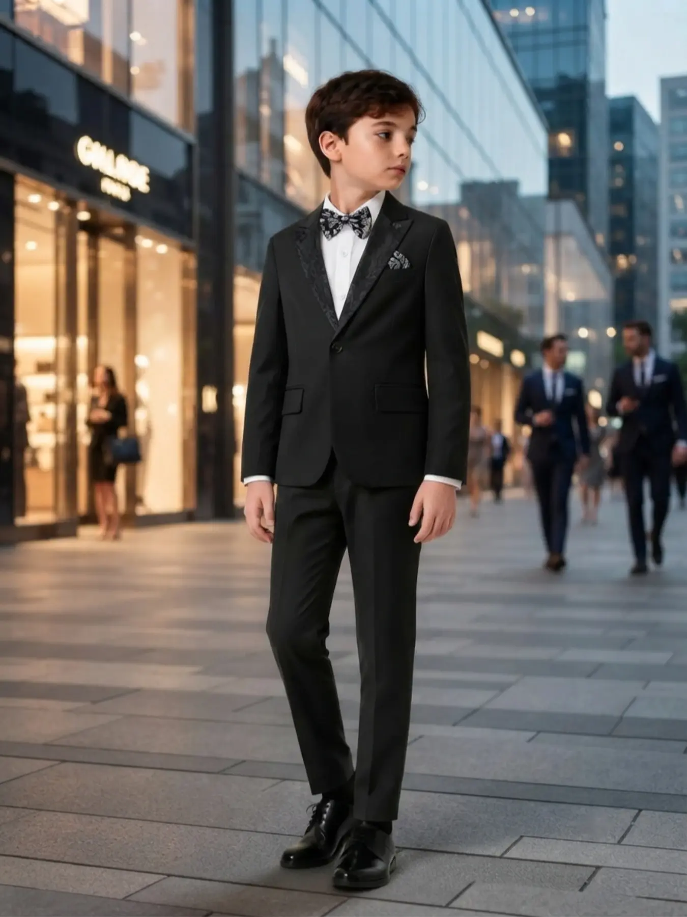 Boys Black 3 Piece Tuxedo Suit Set for Back to School and Summer Wedding, Lightweight Shawl Lapel Blazer with Elastic Waist Pants and Bow Tie, Ring Bearer Formal Outfit