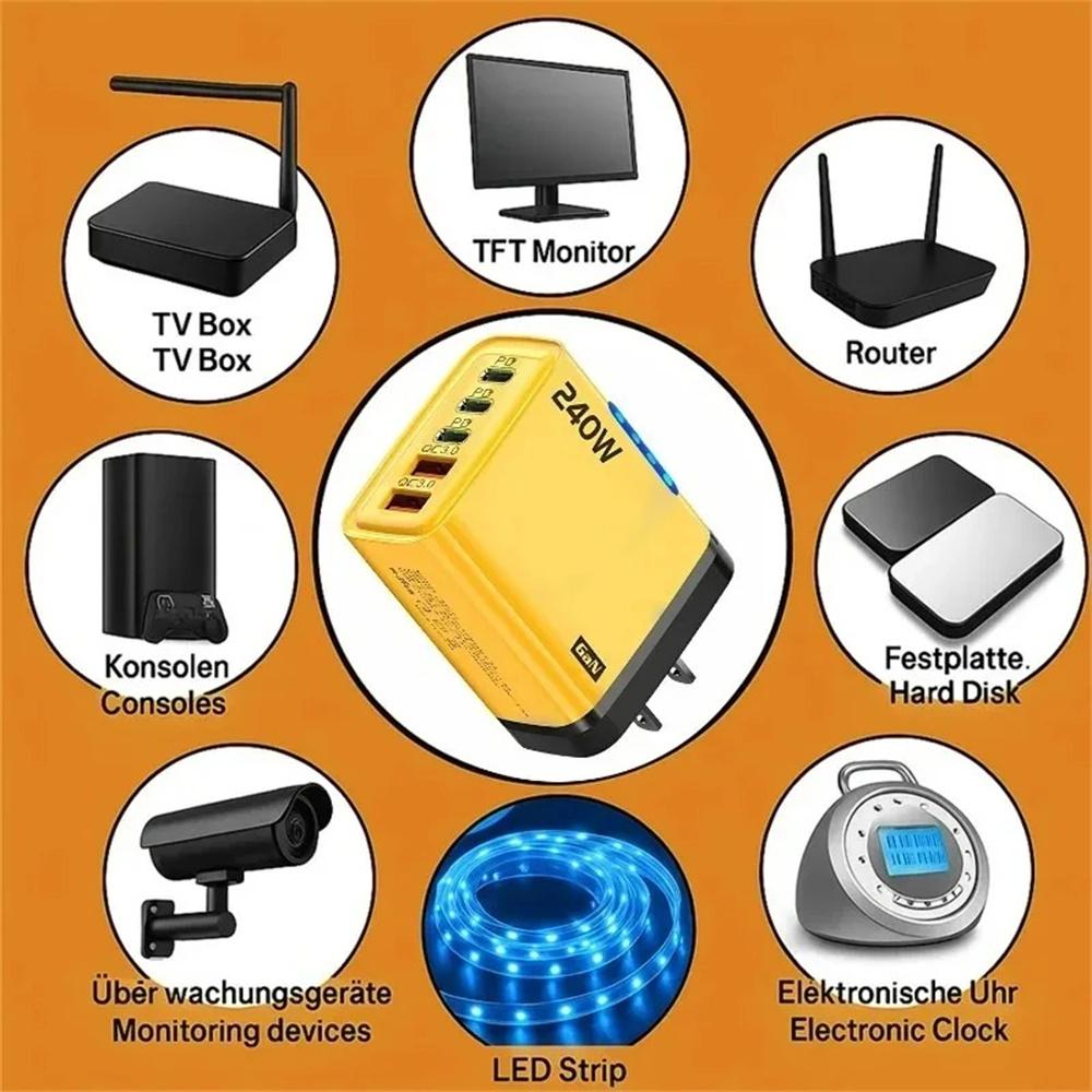 240W 5 Ports USB PD Charger Type C Quick Charge Phone Chargers USB Fast Charging Adapter For iPhone 16 Samsung Xiaomi Huawei