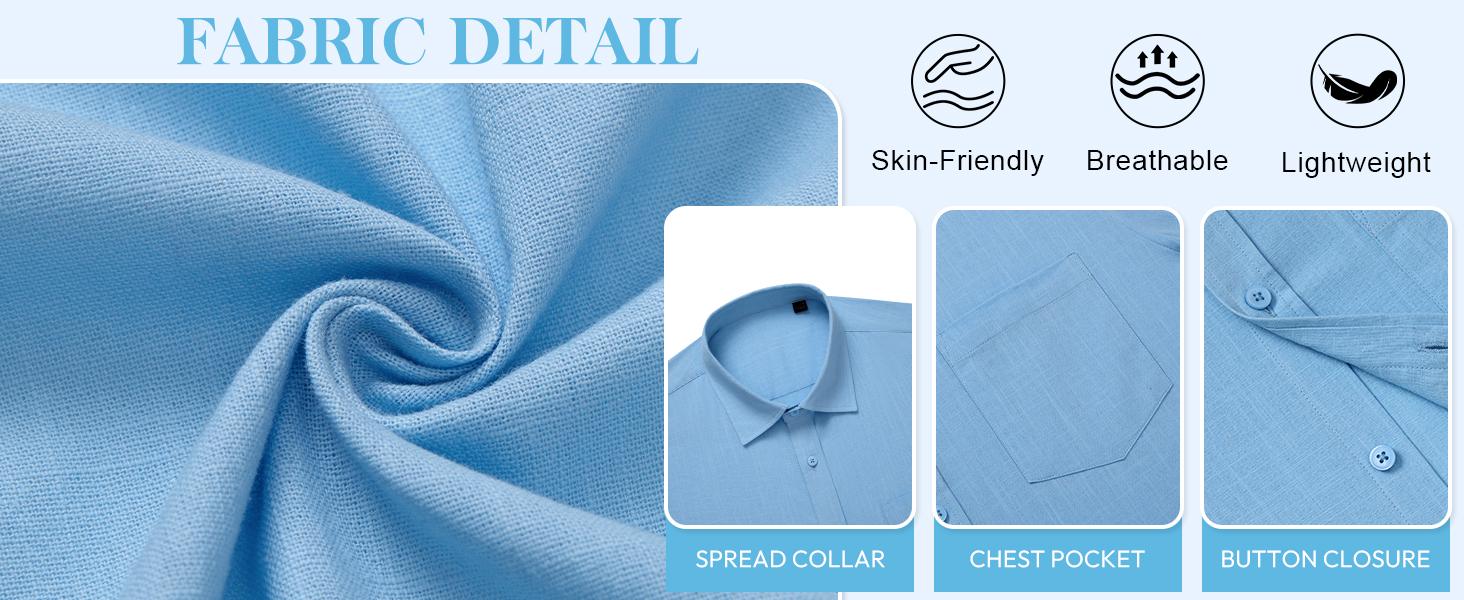 Alimens & Gentle Menswear Mens Linen-Cotton Fabric Plain Short-Sleeve Casual Button-Down Shirt, Lightweight Hippie Tropical Summer Beach Top, Shortsleeve