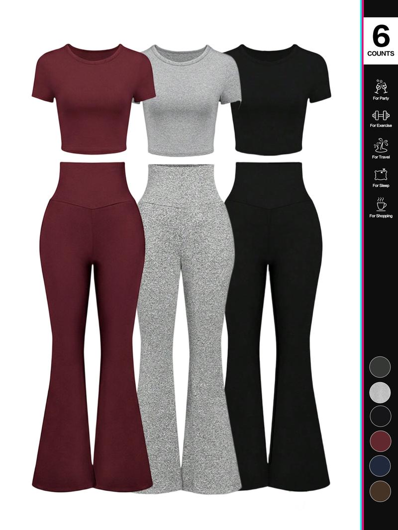 Women's Solid Loungewear Set, Casual Short Sleeve Crop Top & High Waist Flare Leg Pants, Ladies Sleepwear for All Seasons, Pajama Set