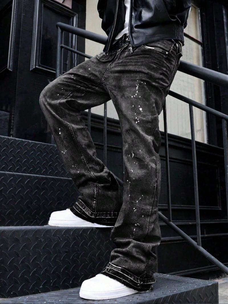 Men's High-End Casual Loose Fit Jeans, All Seasons Button Fly Zipper Micro Flare Pants, Plain Washed Denim Bottoms