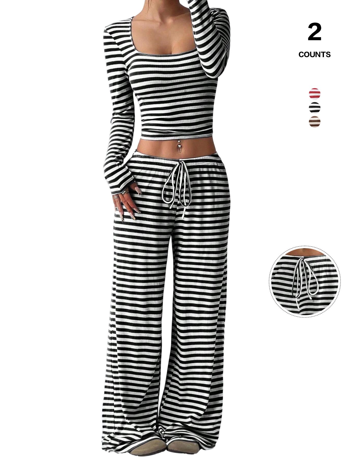 2026 Women's 2 Piece Y2K, Striped Ribbed Knit Long Sleeve Square Neck Crop Top, High Waist Drawstring Wide Leg Pants Loungewear Set