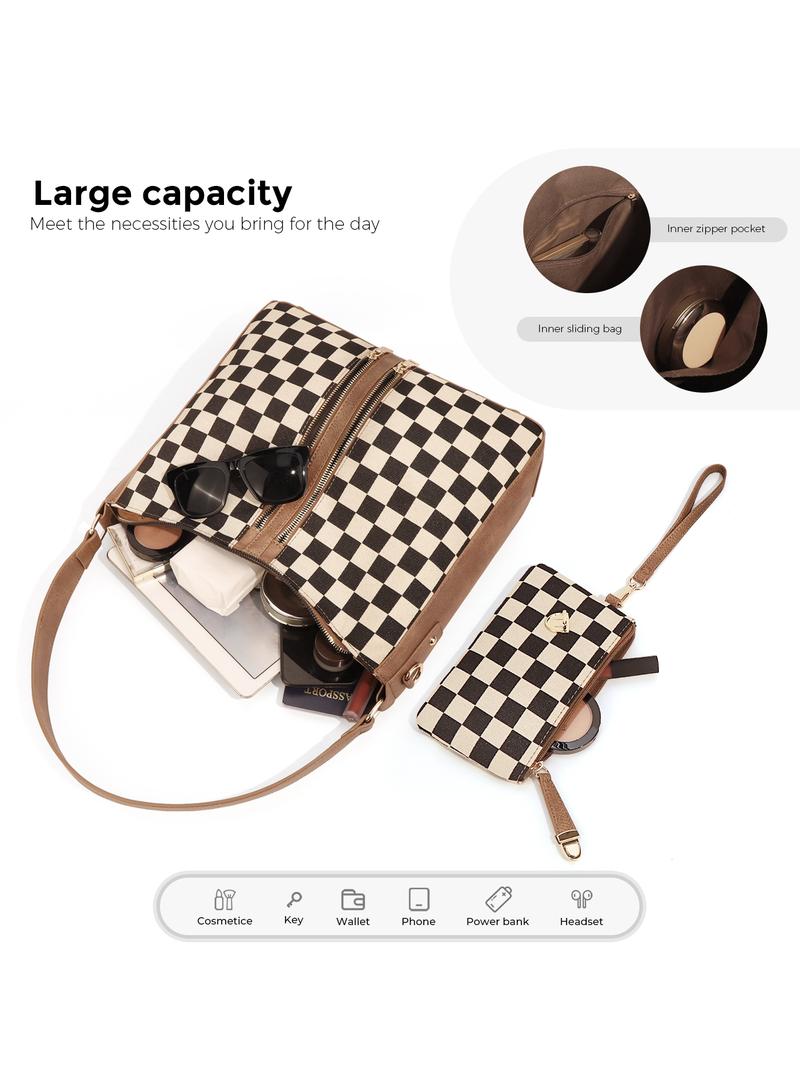 Checkered Plaid Pattern Women Large Crossbody Bags Ladies Satchel Shoulder Handbags Purse and Wallet Set for Women Totes Hobo Purses with Adjustable Strap For Work, Travel Fashionable Patterned Bag