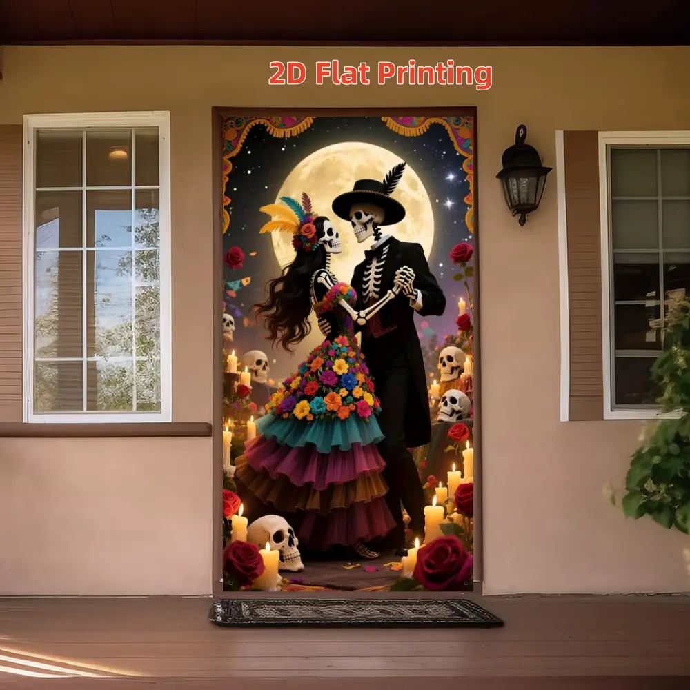 2D Flat Banner 1pc Door Flag Mexican Day of the Dead Skeleton Couple for Themed Restaurant Window, Wedding Party Backdrop, Photography Studio Prop, Holiday Celebration Decor, Decoration Banners, Polyester Indoor Outdoor