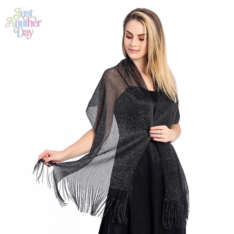 Shimmering Metallic Lurex Evening Shawl with Fringe, Elegant Gold/Silver Sparkly Wrap Stole for Brides, Wedding Guests, Prom & Formal Parties