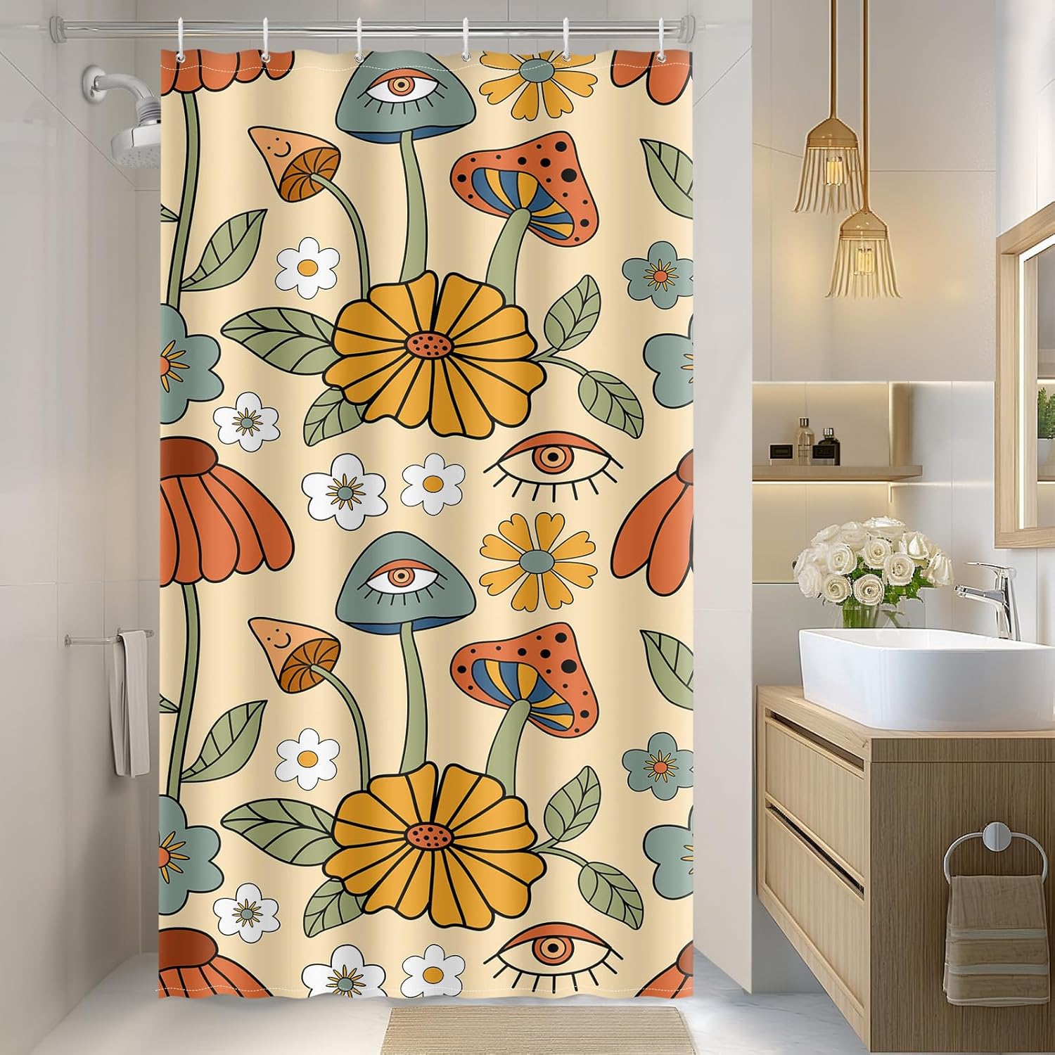 Vintage Dark Cottagecore Mushroom Shower Curtain - Retro Botanical Wildflower Print, Waterproof Fabric Curtain with 12 Hooks | Whimsical Gothic Bathroom Decor #showercurtain #mushroom #cottagecore #vintage #botanical #waterproofcurtain  #gothicdecor