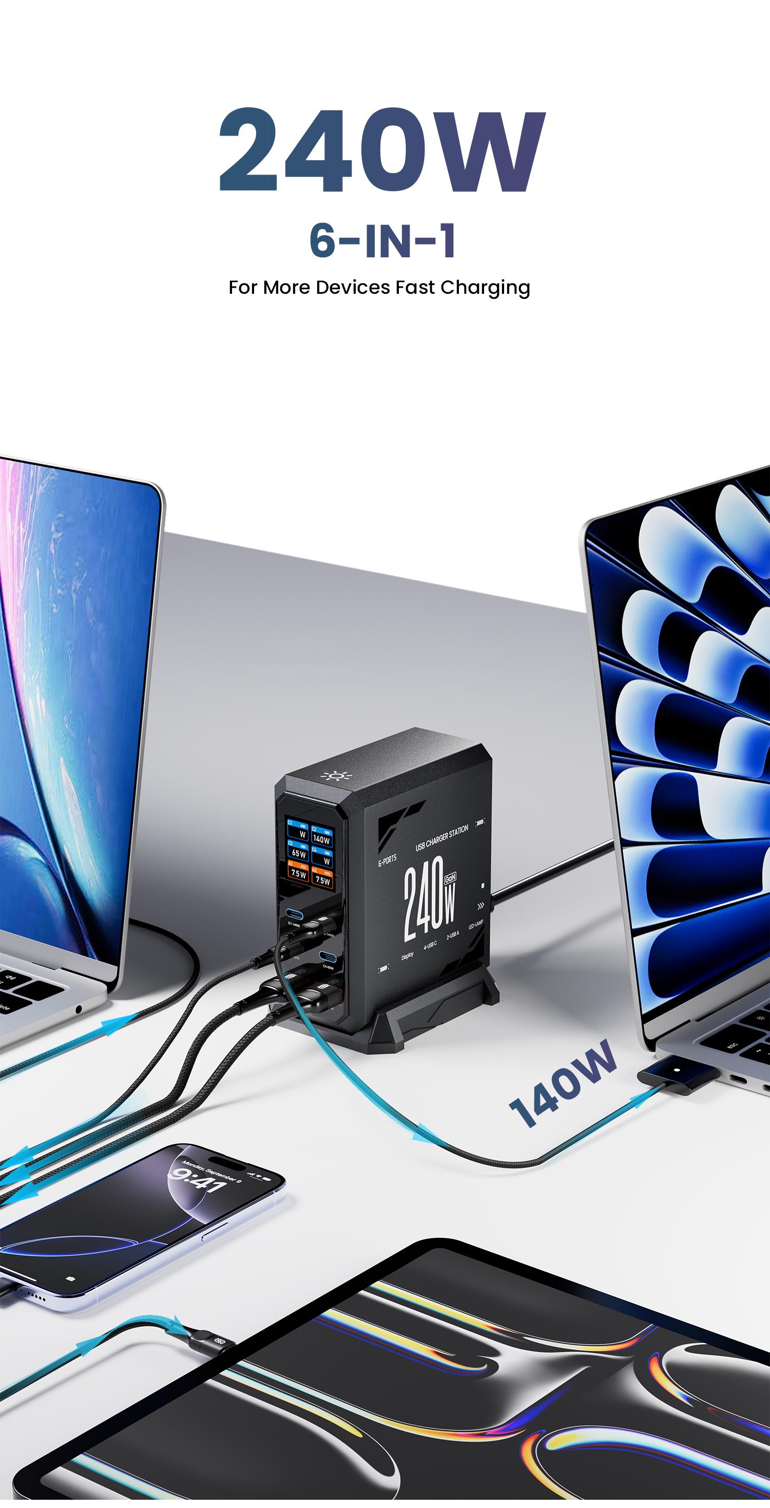 ASOMETECH 240W Digital USB C GaN Charger 6 Ports Desktop Charging Station, PD 3.1 140W USB C Fast Charger Block for MacBook Pro/Air, DELL, Laptop,Fast Charger Power Adapter for iPhone 17 pro max,Samsung Cellphone,iPad,Black