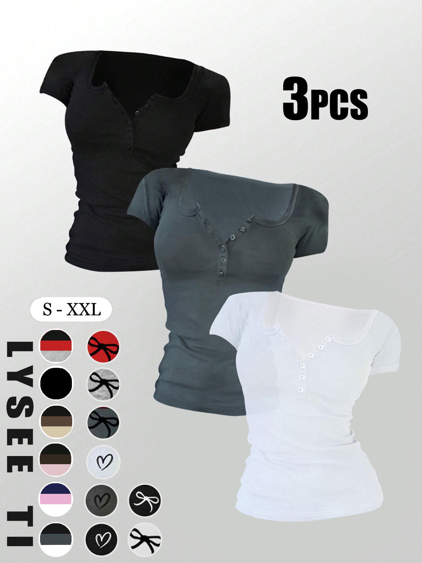 Women's Solid Button Round Neck Tee, Casual Short Sleeve Fitted T-shirt for Daily Wear, Ladies Clothes for All Seasons