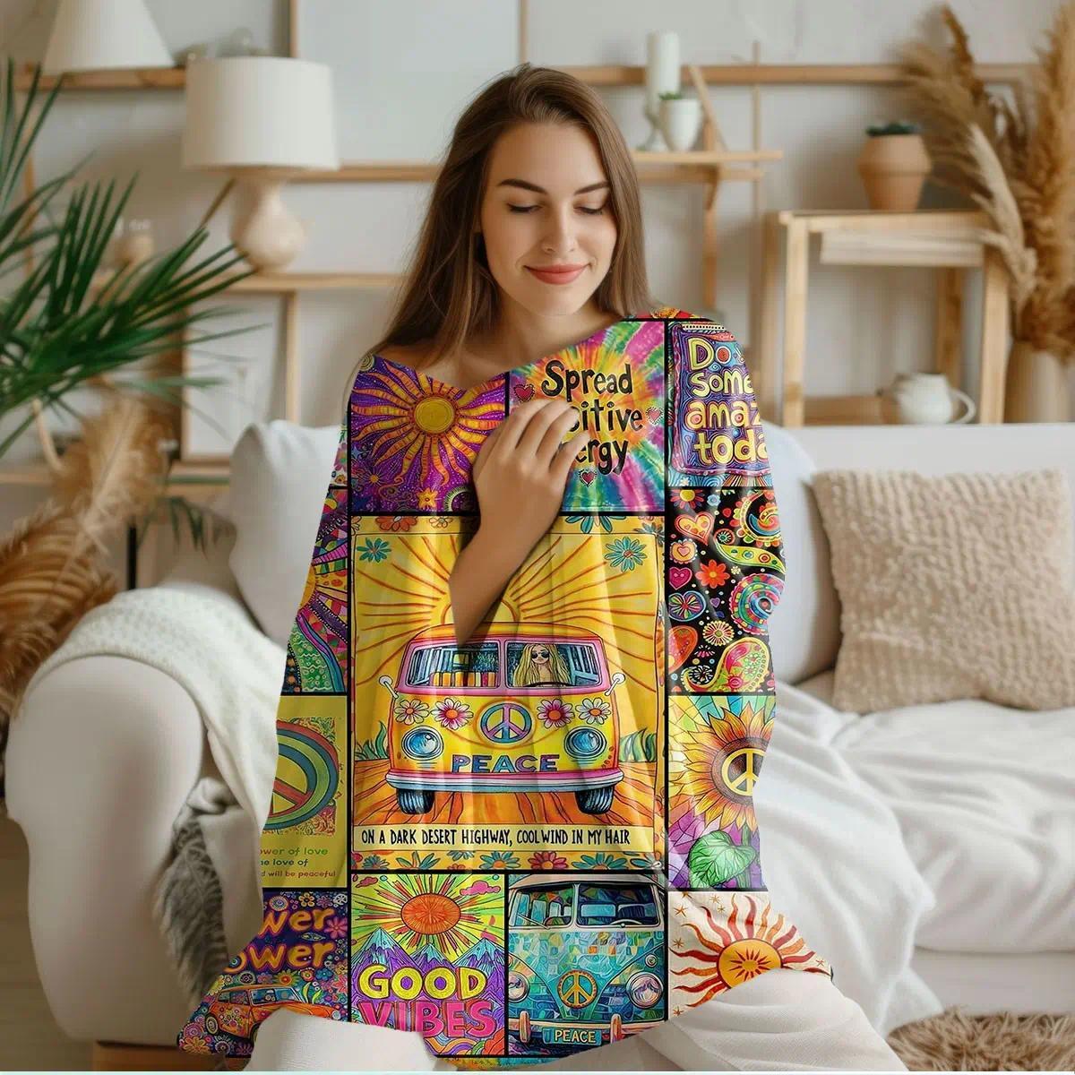 Comfortable Hippie Peace Bus Print Flannel Soft Throw Blanket, Baby Blankets and Adult Blankets, Soft Warm Anti-Pilling Fabric, Ideal for Nap, Camping, Travel, All Seasons Decor Blanket, Perfect Birthday Holiday Gift, Printed Flannel Blanket for Sofa Bed