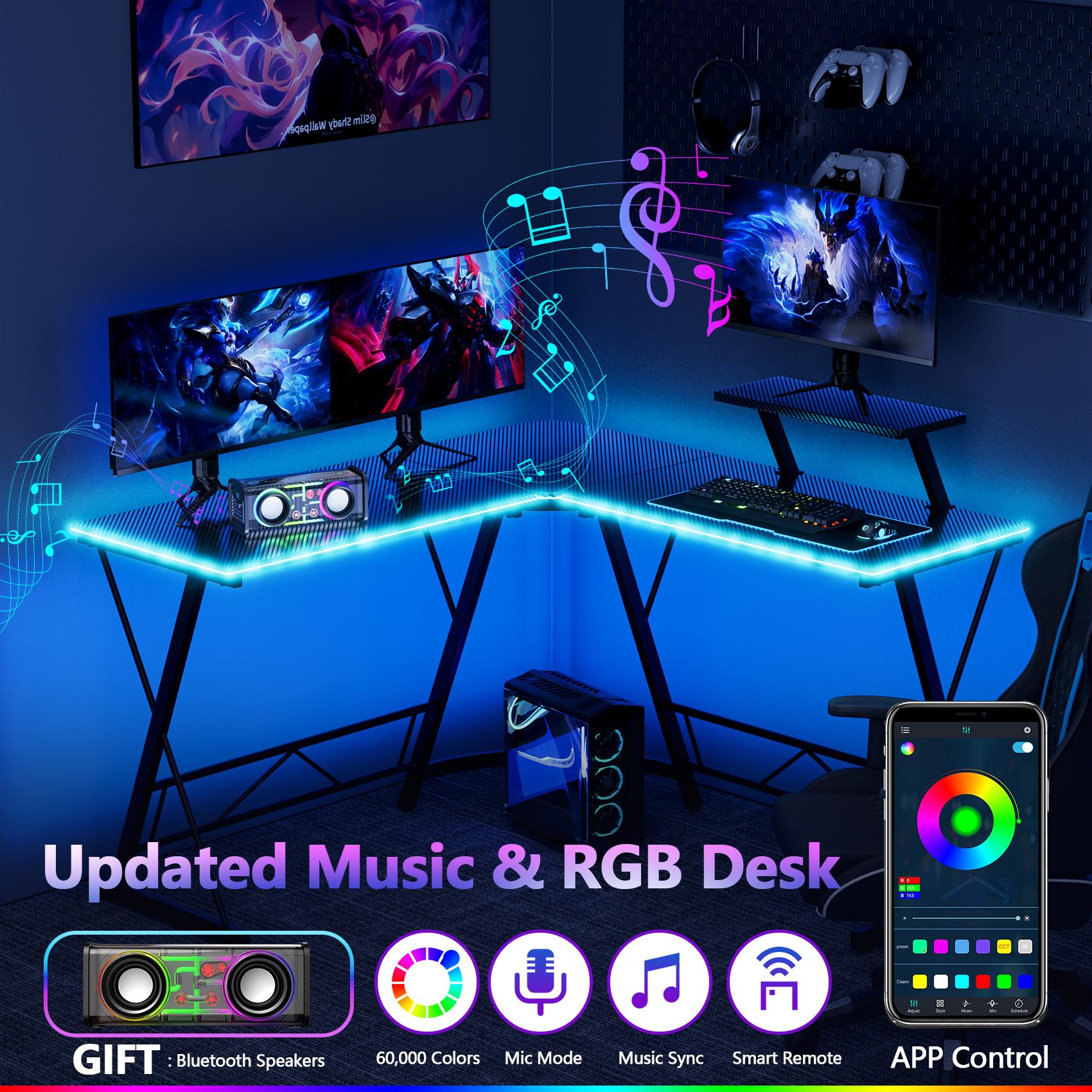 Mr IRONSTONE L Shaped Gaming Desk with Led Lights Corner Computer Desk with Cup Holder and Headphone Hook, L shaped desk, Home Office Desks Writing Workstation with Large Monitor Stand, Easy to Assemble (Black,51 Inch)BlackFriday