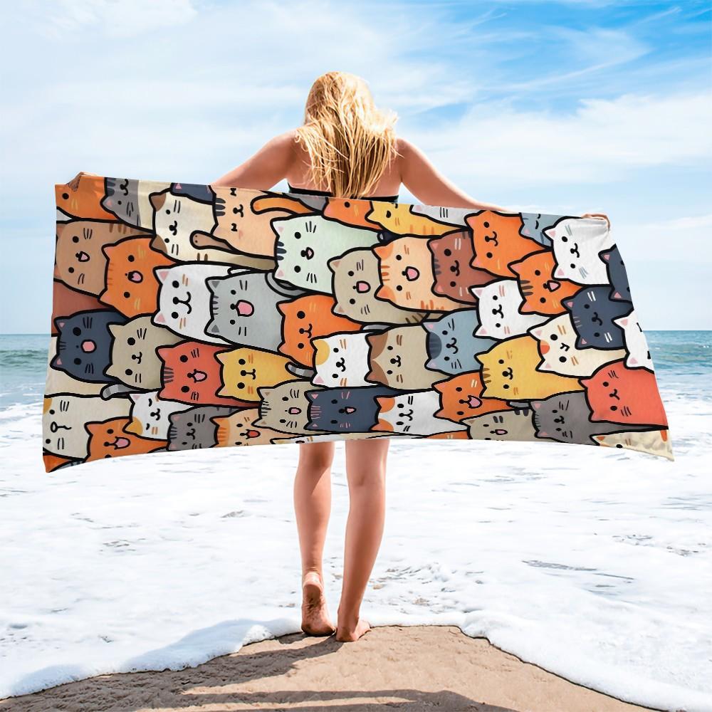 Cute Cartoon Cat Beach Towel, Trendy and Cool Print Design, Lightweight and Quick-Drying Towel, Suitable for Teens, Adults, and Children for Poolside, Vacation, Travel, and Outdoor Summer Use. Lightweight and Quick-Drying