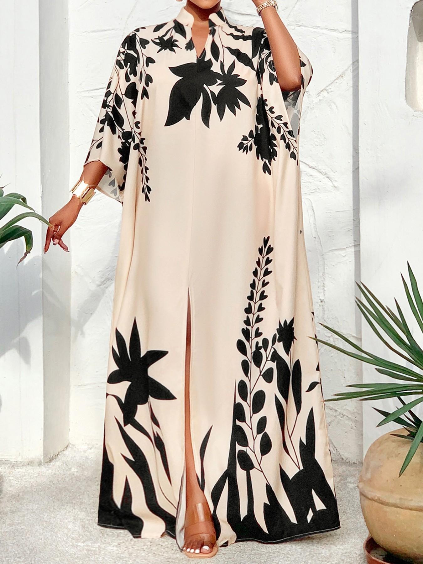 Women's Elegant Long Sleeve V-Neck Batwing Sleeves Split Design Casual Dress, All Season Plus Size Fit Fashion Commuter Wear