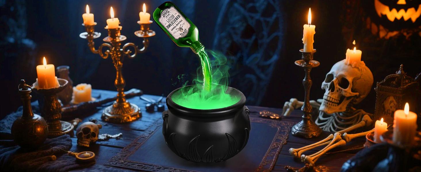 Halloween floating potion cauldron with green mist