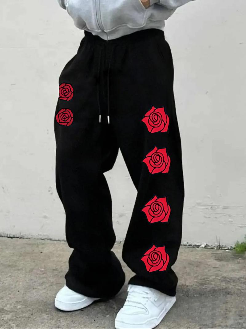 Men's Casual Sporty Long Pants, Rose Flower Pattern Print, Drawstring Wide Leg, Loose-Fitting, All Seasons Wear, Men's Fashion Pants