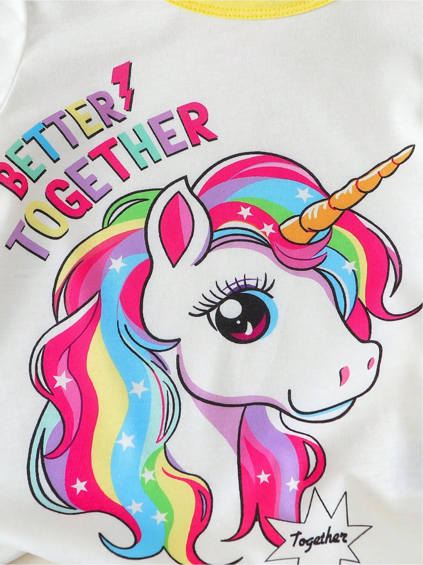 2pcs/Set Young Girls Colorful Unicorn & English Print Round Neck Short Sleeve T-Shirt And Elastic Waist Loose Shorts, Casual & Sports Outfit For Summer, School, Campus, College