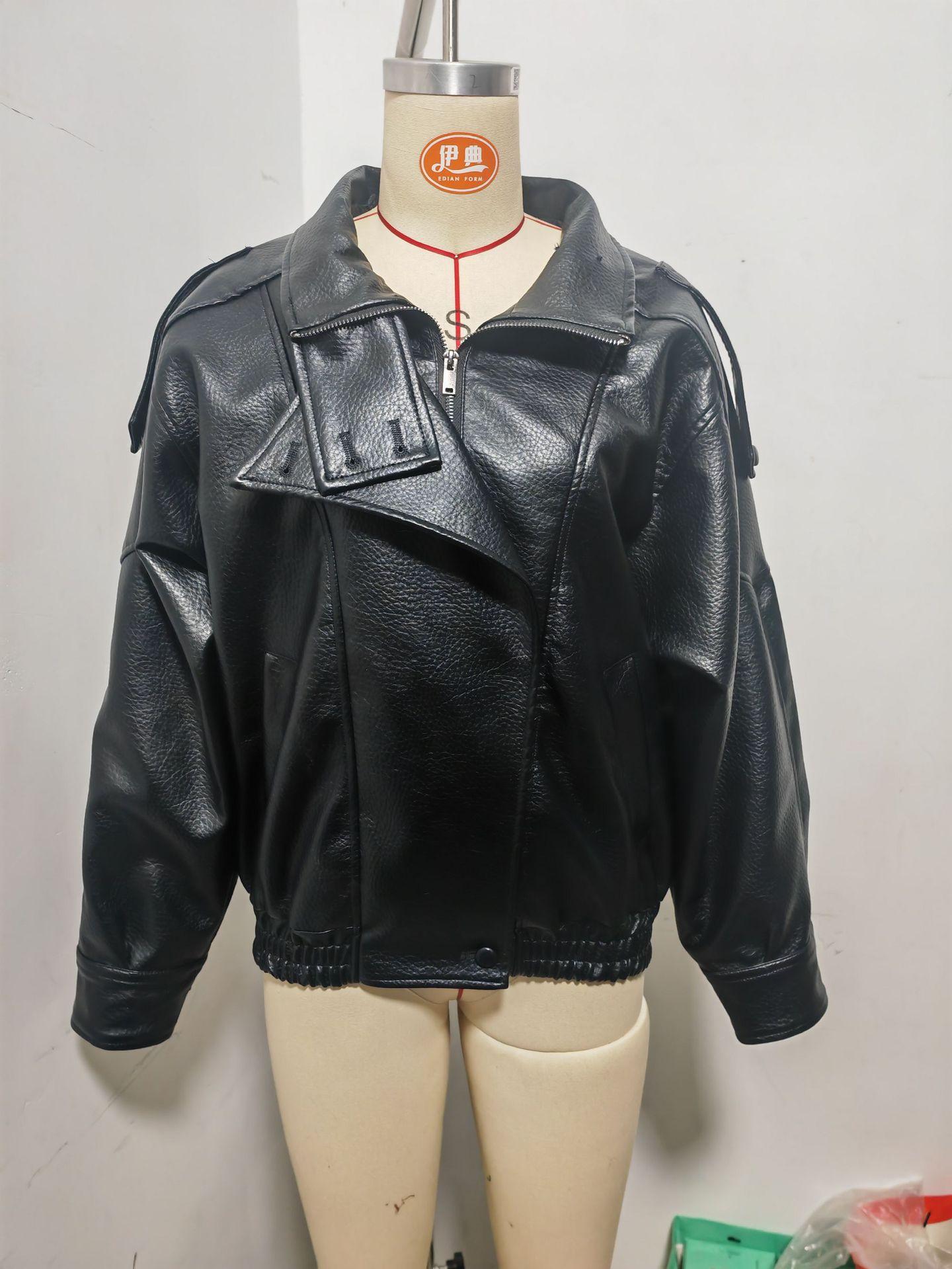 Faux Leather Stand Collar Oversized Moto Jacket, Elastic Hem Motorcycle Streetwear, Casual Long Sleeve Water- and Wind-Resistant Outerwear for Spring & Fall, Ladies Clothes for Daily Wear, Chic Outerwear, Coats