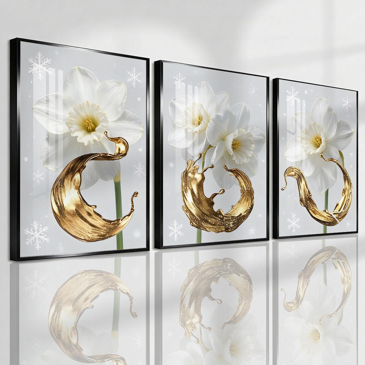 3 Counts Aluminum Alloy Framed Painting, White Daffodil Gold Splash Art Pictures, Home Decoration For Living Room, Bedroom, Office, Restaurant, Hallway Wall Decor, Odorless Print Artwork, Luxury Perfect Gift For Friends And Family