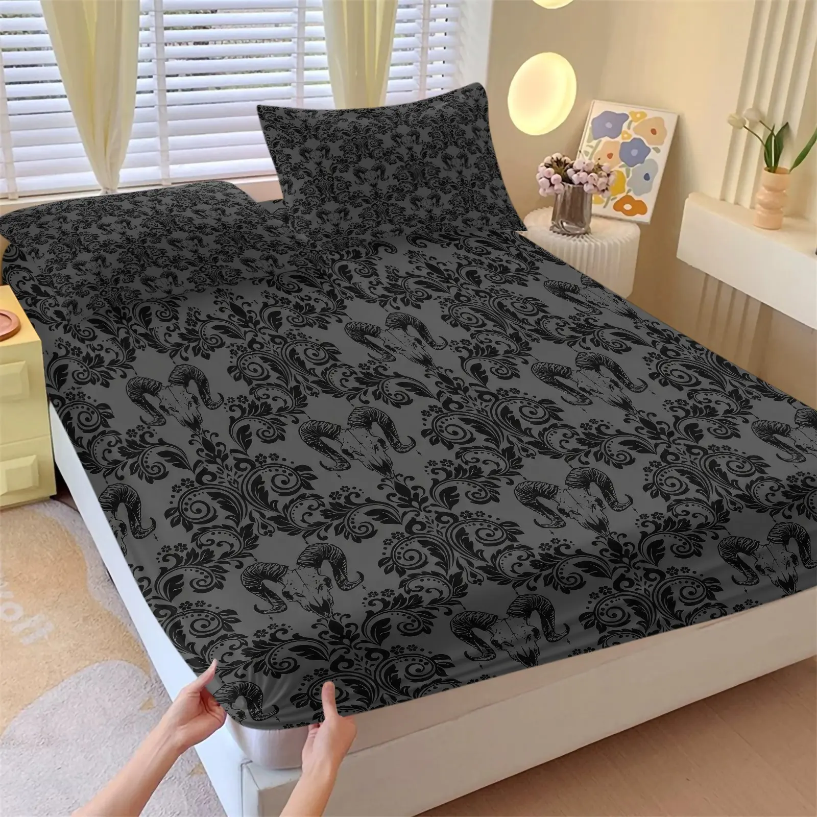 Gothic Ram Skull Damask Fitted Sheet Set, 1 Fitted Sheet & 2 Pillowcase, No Filling, Dark Vintage Ornament Print Bed Sheets Set, Soft Deep Pocket, Gothic Style Bedroom Decor for Goth Teens Adults