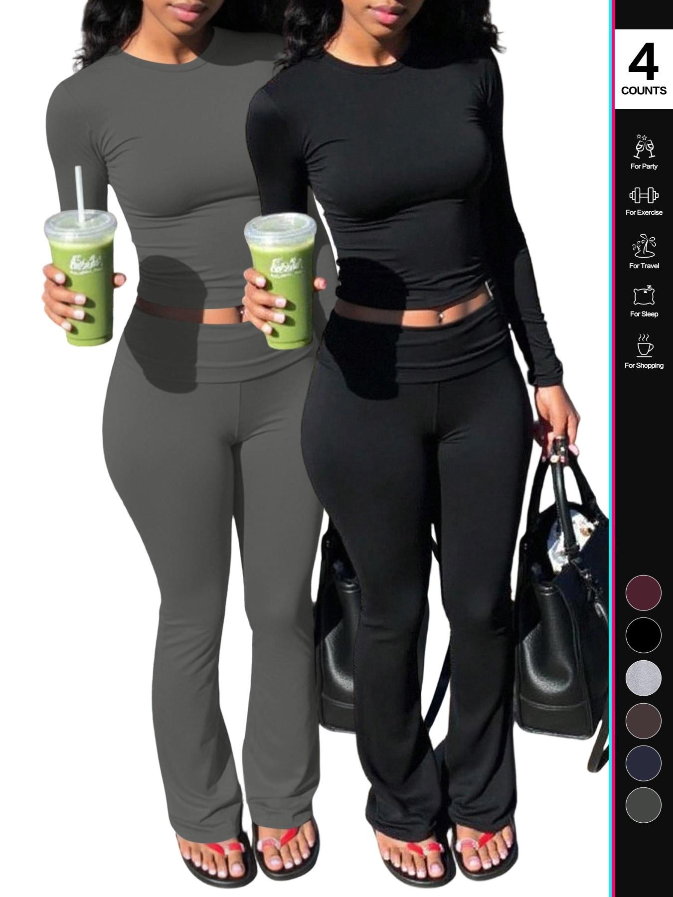 Women's 2 Piece, Foldover Flare Pants & Long Sleeve Crew Neck T-Shirt, Fitted Pajama Sets, Casual Comfortable Sleepwear