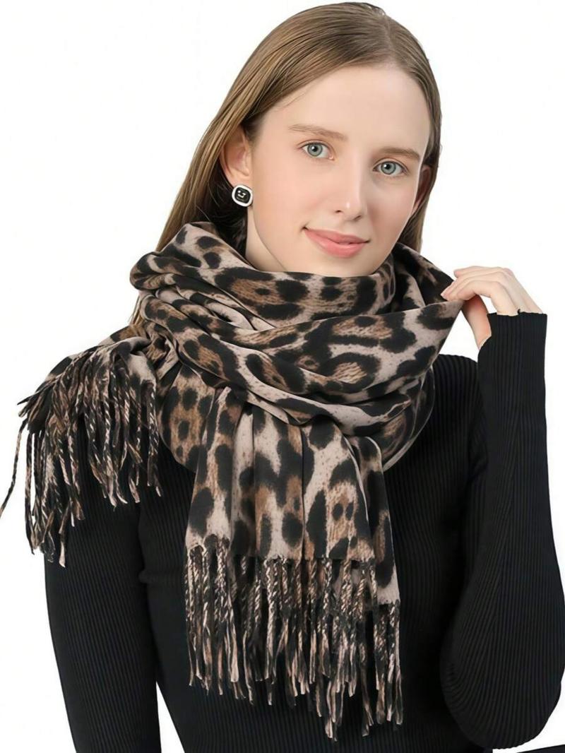 High-Quality Leopard Print Scarf, Cool Tassel Vintage Shawl, Y2K Faux Wool Warm Shoulder Wrap, Fall & Winter Fashion Accessory