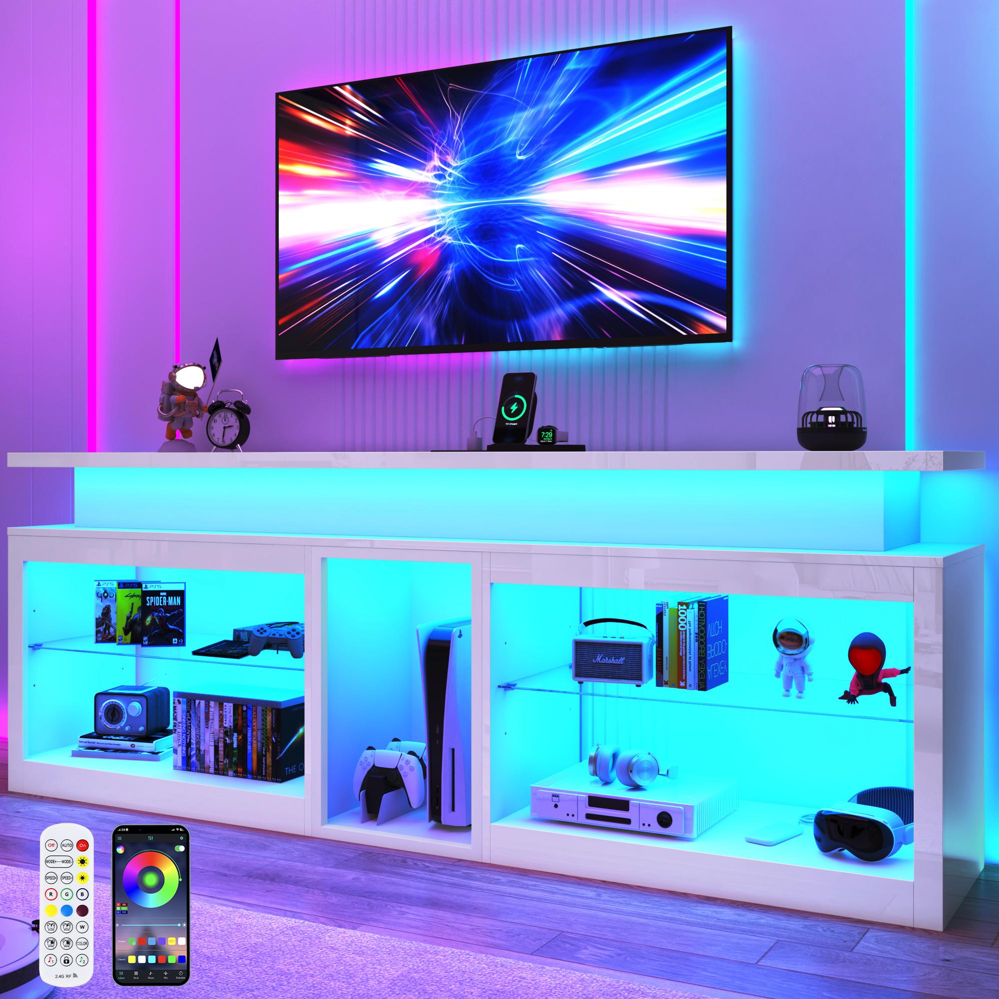 71"/80.7" LED TV Stand with Power Outlet,60-Colors LED Lights For 65 70 80 90 in TV,High Gloss Gaming Entertainment Center w/Adjustable Shelves,TV Console with Modern Design for Living Room Bedroom (Black/White)