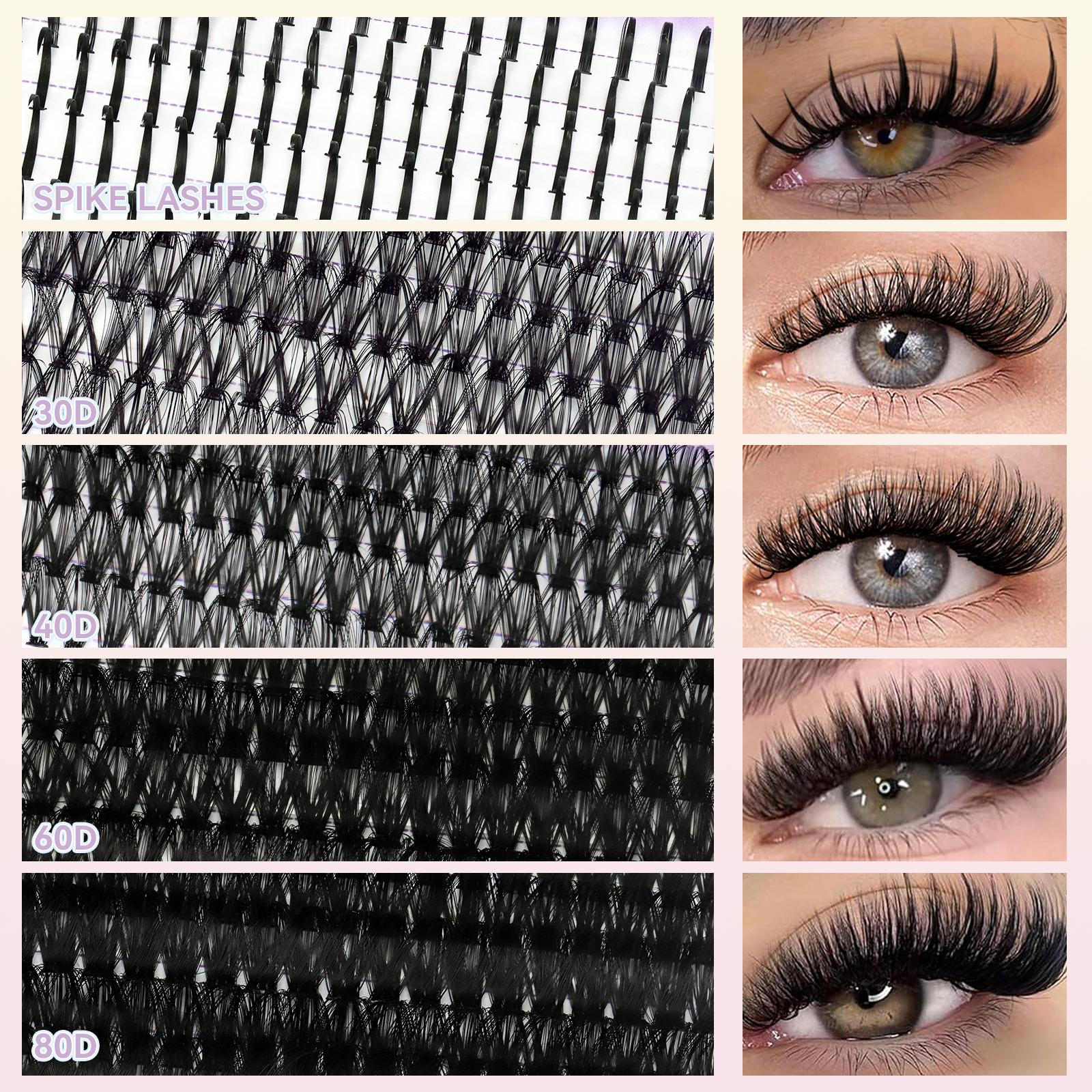 Volume Lash Clusters with Spikes with 4Styles Lashes 30D 40D 60D 80D Cluster Eyelash Extensions 590PCS Spiky Individual Lashes with Lash Bond&Seal Lash Tweezer Mascara Brushes Eyelash Cluster Kit