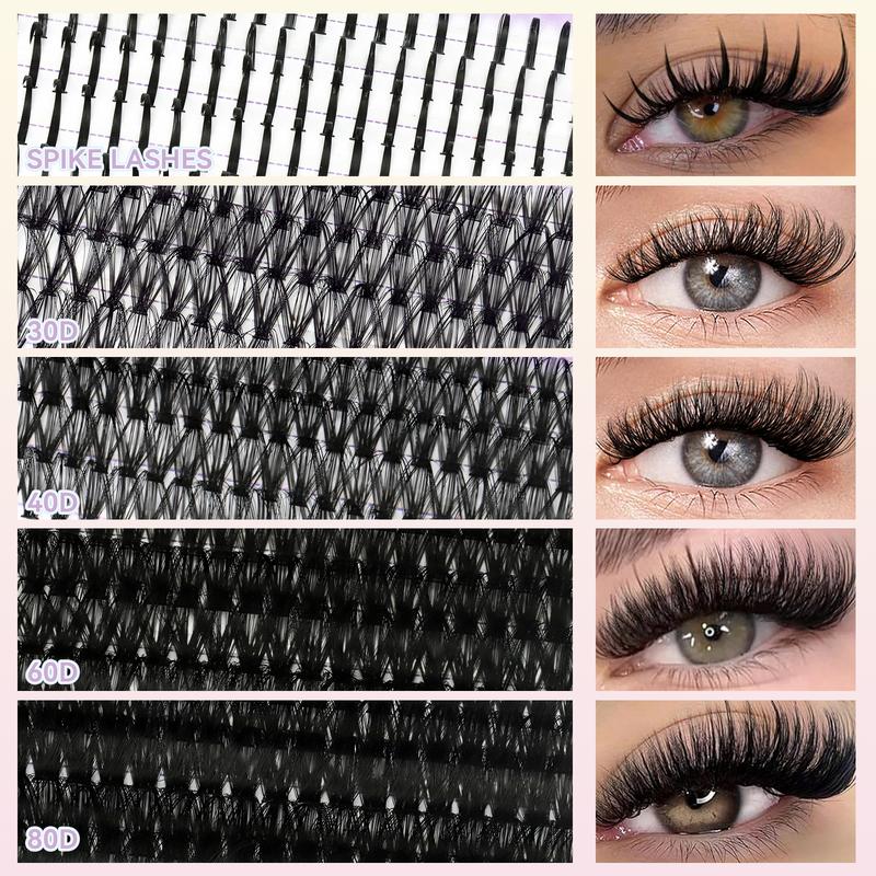 Volume Lash Clusters with Spikes with 4Styles Lashes 30D 40D 60D 80D Cluster Eyelash Extensions 590PCS Spiky Individual Lashes with Lash Bond&Seal Lash Tweezer Mascara Brushes Eyelash Cluster Kit