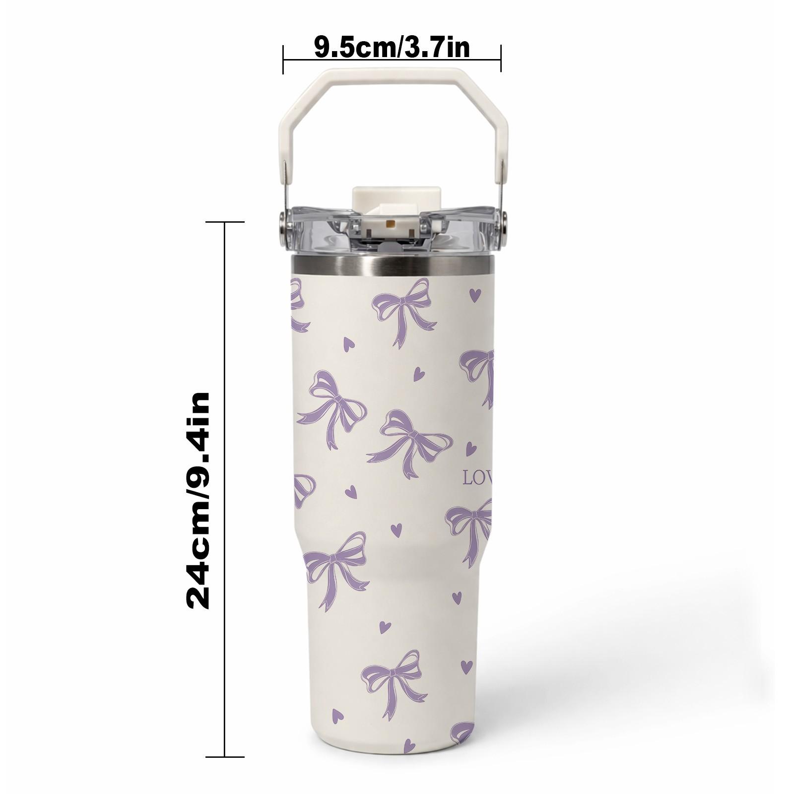 1pc 30oz Stainless Steel Tumbler with Handle, Purple Bow Print Thermal Mug with Lid And Straw, Keeps Hot 12H Cold 24H, Cute Insulated Cup for Travel, Office, Car, Unique Gift for Women