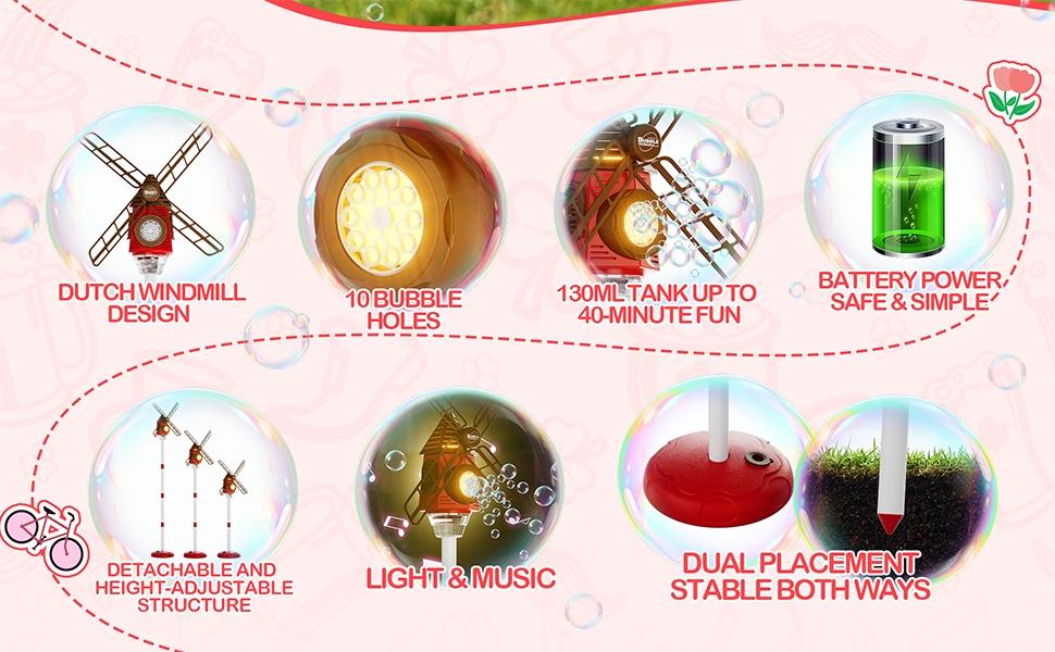 Automatic Windmill Bubble Machine, Music LED Romantic Color Lights, Adjustable Height, Includes 50ML Concentrated Bubble Liquid