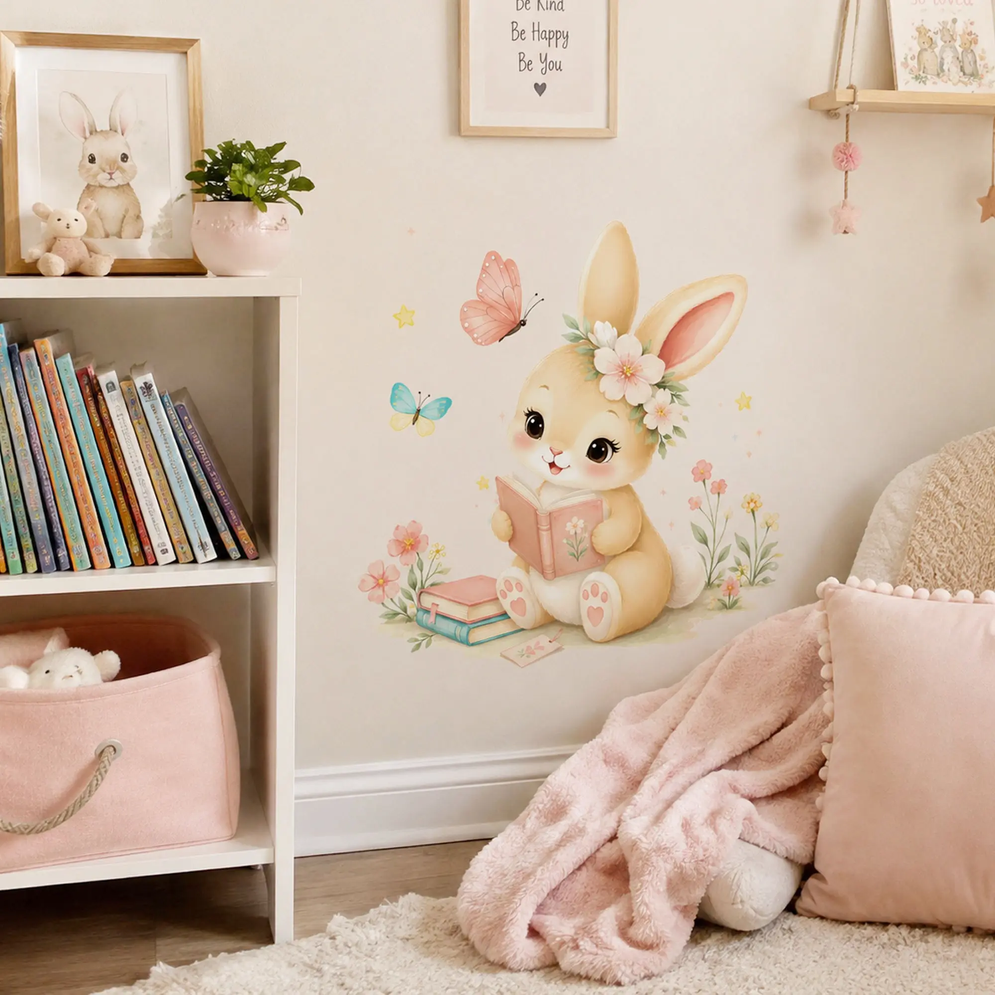 Cute Bunny Wall Decals with Flowers and Butterflies, Peel and Stick Rabbit Decorative Stickers for Girls Bedroom, Playroom, Door Decor