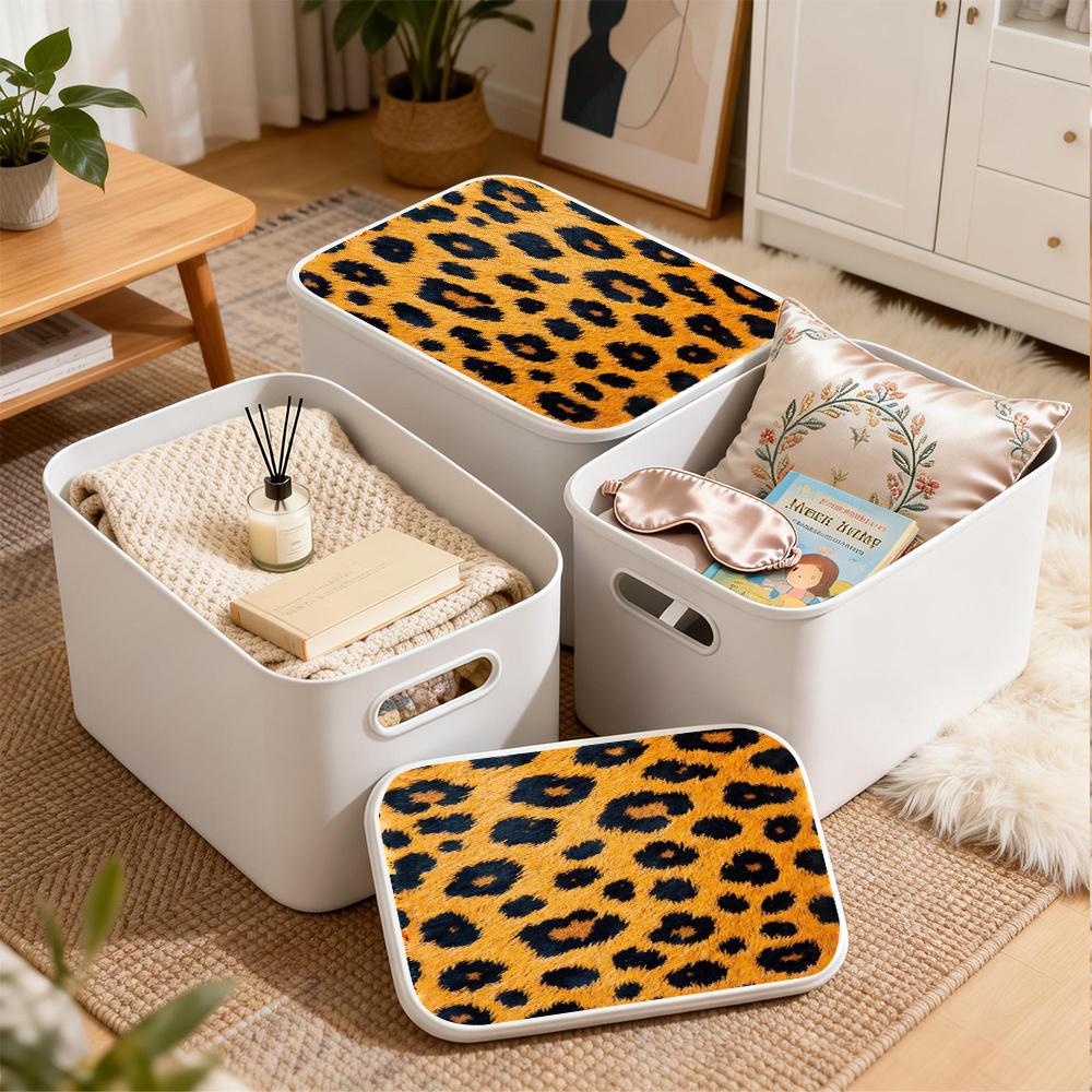 3-Piece Cover White Plastic Storage Box with Cute Printed Wild Leopard Pattern, Modern Nordic Style Dustproof Rectangular Storage Box, Suitable for Desk, Bookshelf, Wardrobe - Multi functional Home and Office Storage (25x18x16cm/9.8x7x6.3 inches)