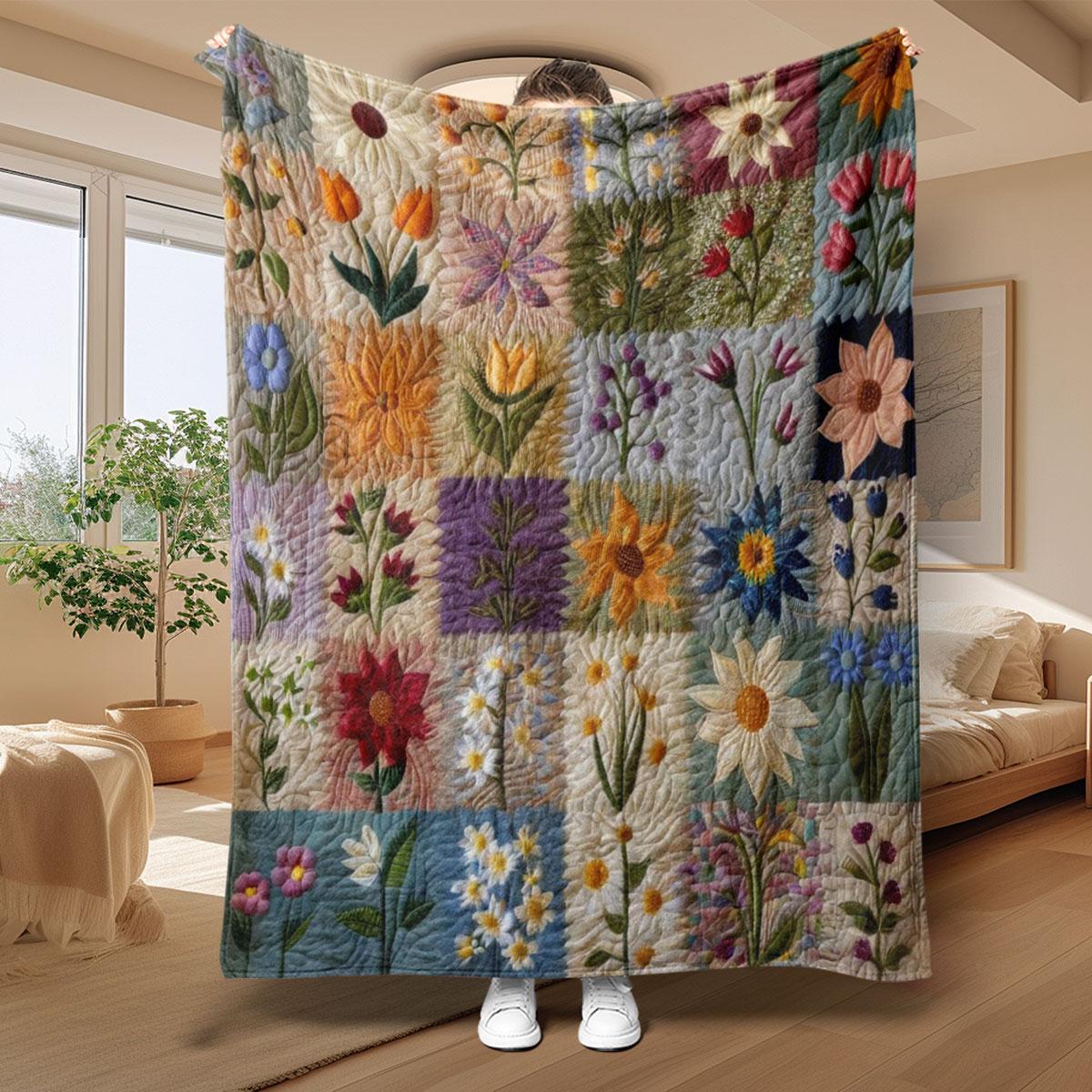 Floral Pattern Patchwork Quilted Throw Blanket, Soft Comfortable Warm Napping Blanket, Cool Bedroom Bedding Blankets for Home Office Travel Dormitory, Soft Comfy Blanket