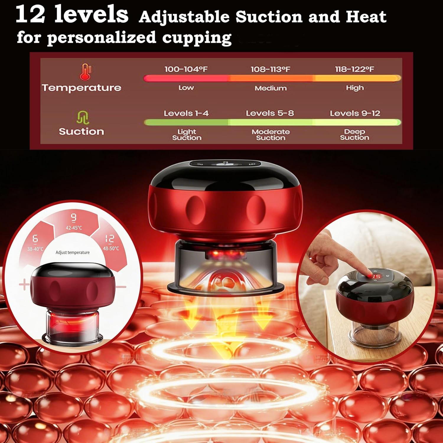 Smart Cupping Massager, Red Light Cupping Set with 2 Modes, Electric Cupping Kit with 12 Levels Heat & Suction, Full Body Relaxation Tool for Arm Neck Shoulder Back Leg
