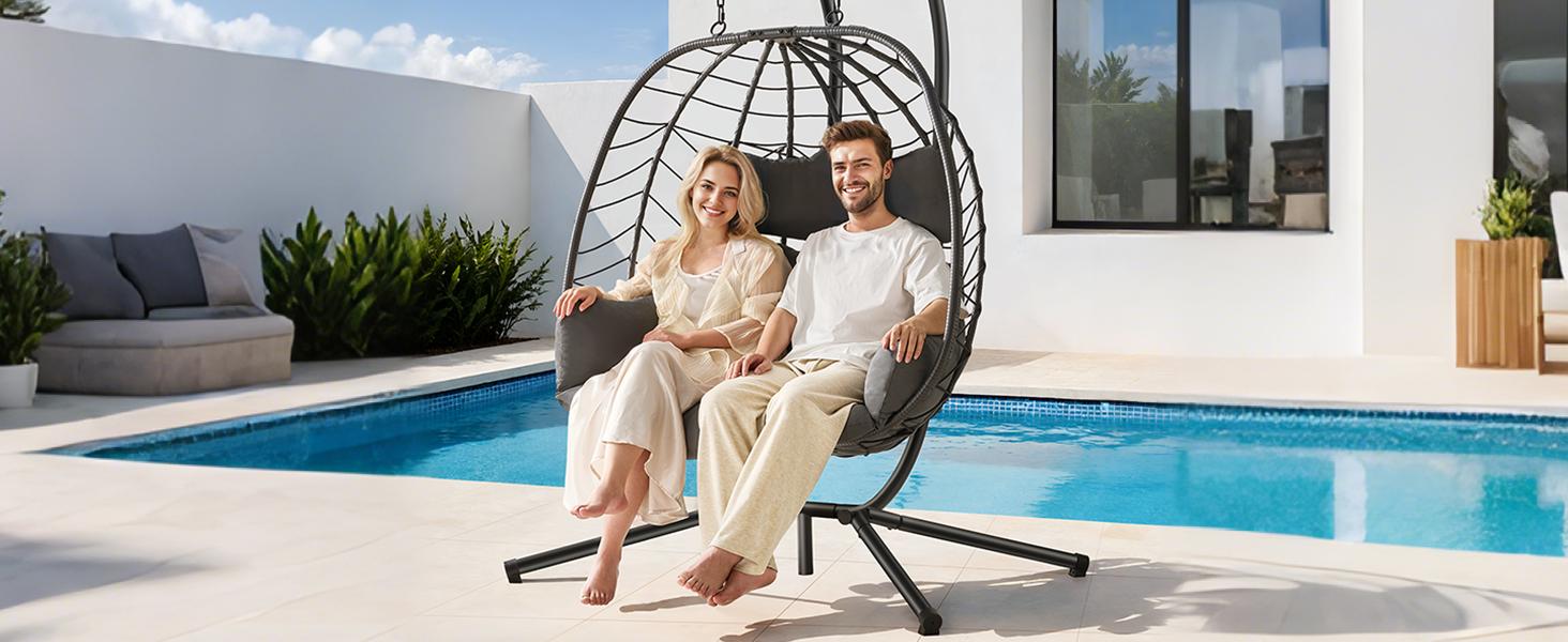 【SPRING GLOW UP】ONBRILL Double Egg Chair with Stand, Indoor Outdoor 2 Person Hammock Swing Chair with Cushions & Headrest, 650LBS Capacity Hanging Loveseat for Patio, Bedroom, Garden, Balcony