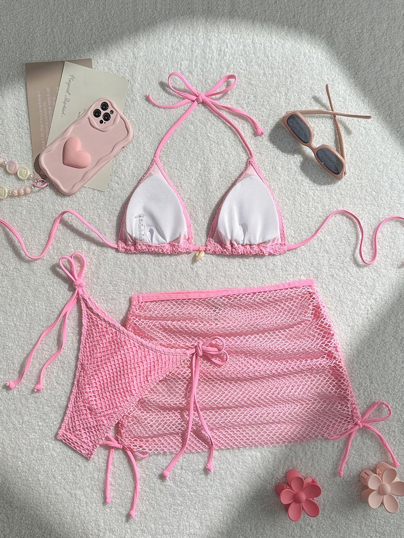 3pcs Bikini Set, Fresh Pink Color Scheme + Honeycomb Mesh Texture Fabric + Shell Decoration + Neck Triangle Cup, Split Bikini 3pcs Set, Pink Mesh Bikini 3pcs Set, Shell Decoration Neck Swimsuit,crystals bikini,thong bikini,chic design,mesh top,sport bra