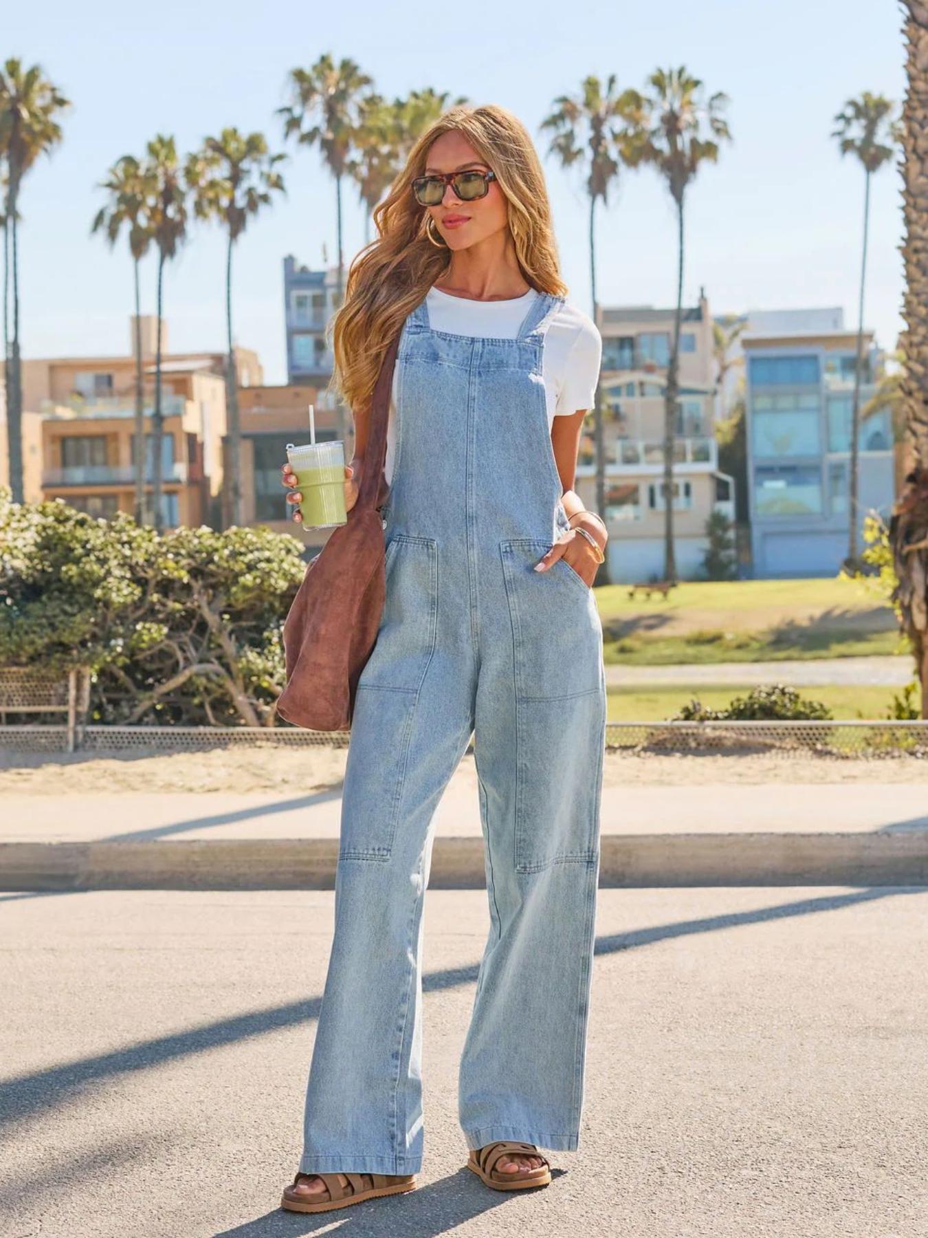 Women's Light Blue Denim Strap Jumpsuit, Wide Leg Loose Fit, Lightweight, Adjustable Straps, Casual One-Piece, Perfect for Daily Wear