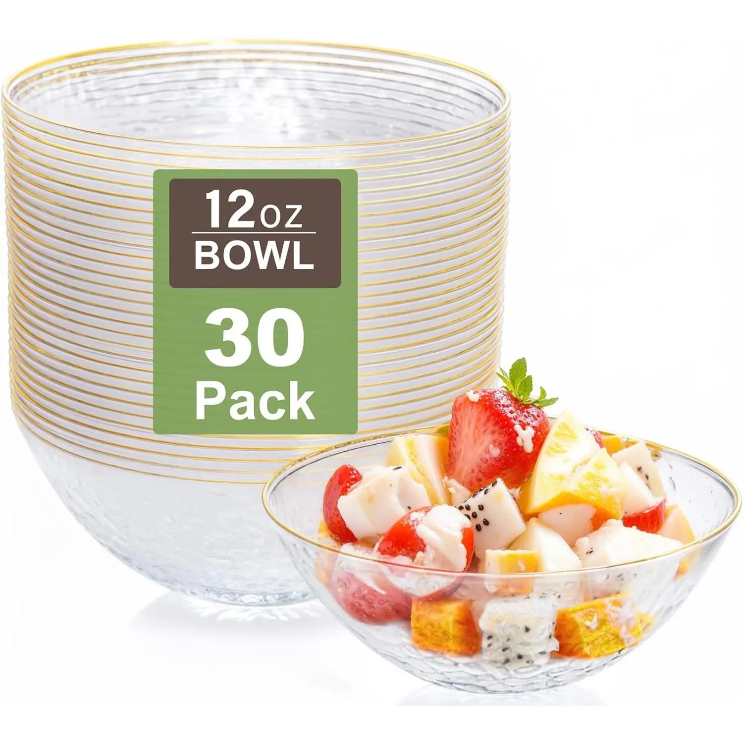 30 Pack Clear Disposable Plastic Bowls with Gold Rim, 12-16oz Premium Heavy Duty Soup Bowls for Party, Wedding & HolidayGift